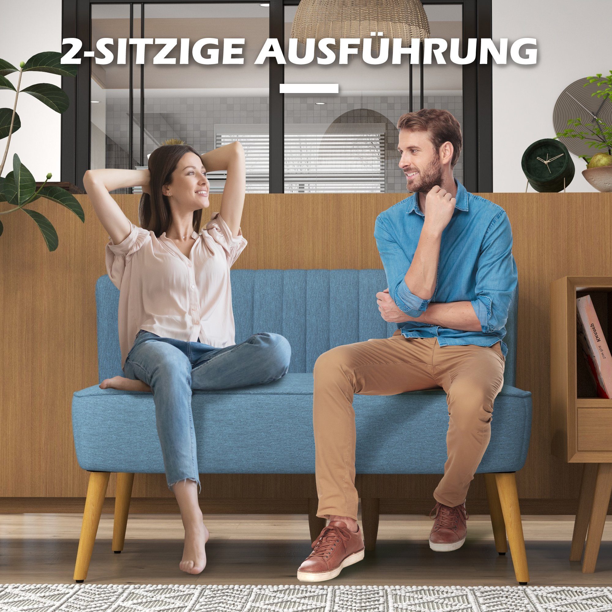 1 Holzbeine, Loveseat HOMCOM Doppelsofa Teile 2-Sitzer mit mit Zweisitzer, Leinenoptik,