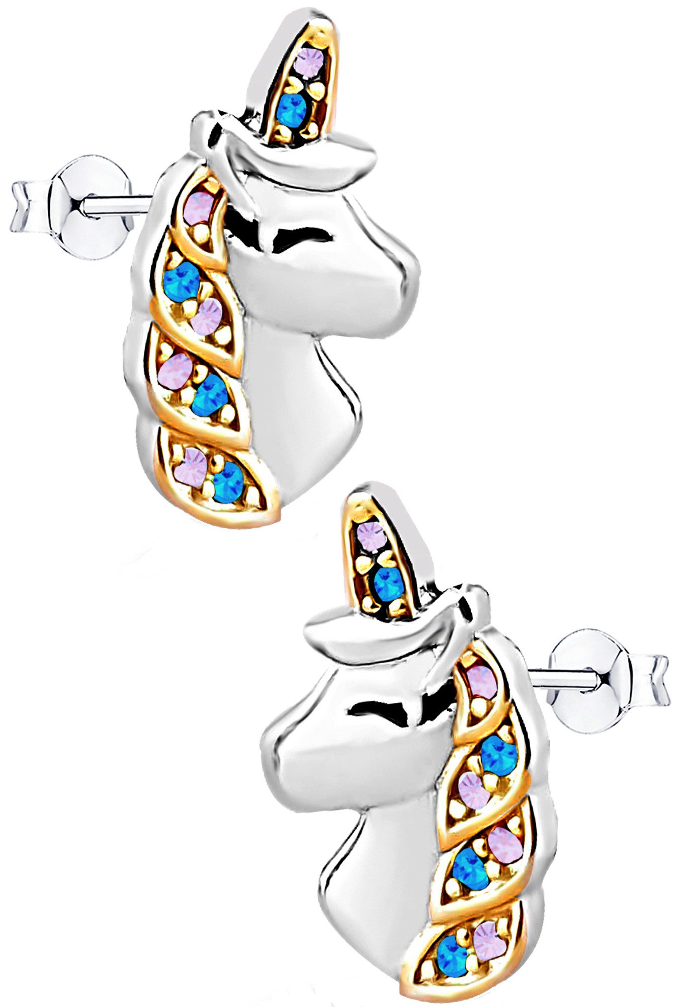 Limana Paar Ohrstecker Ohrringe 925 Silber bunte Einhörner Pferde Mädchen Damen Kinder Frauen (inkl. Schmuckbox), Geschenk Einschulung Ostern Weihnachten Geburtstag Nikolaus