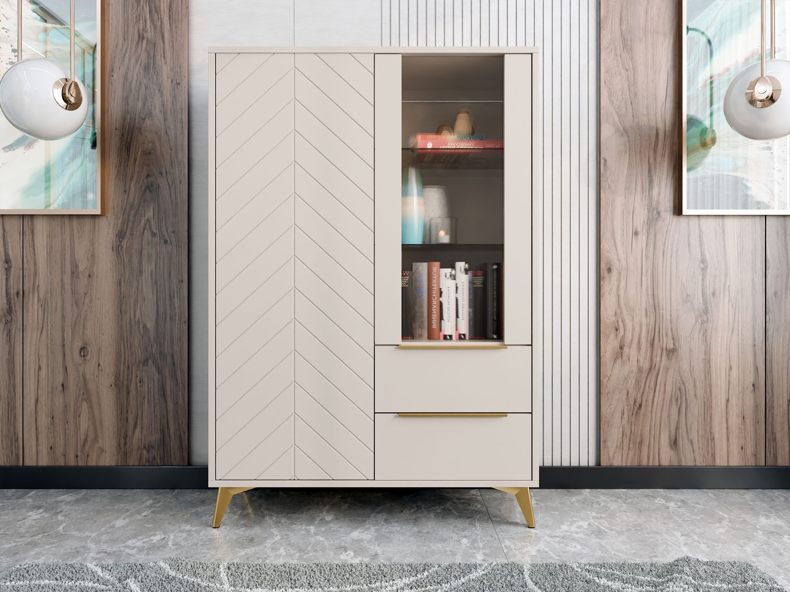 MIRJAN24 Vitrine Xylix 2D2SZ (mit zwei Drehtüren und zwei Schubladen) Glaseinlegeböden, 104x40x150 cm – Bild 3 von 5