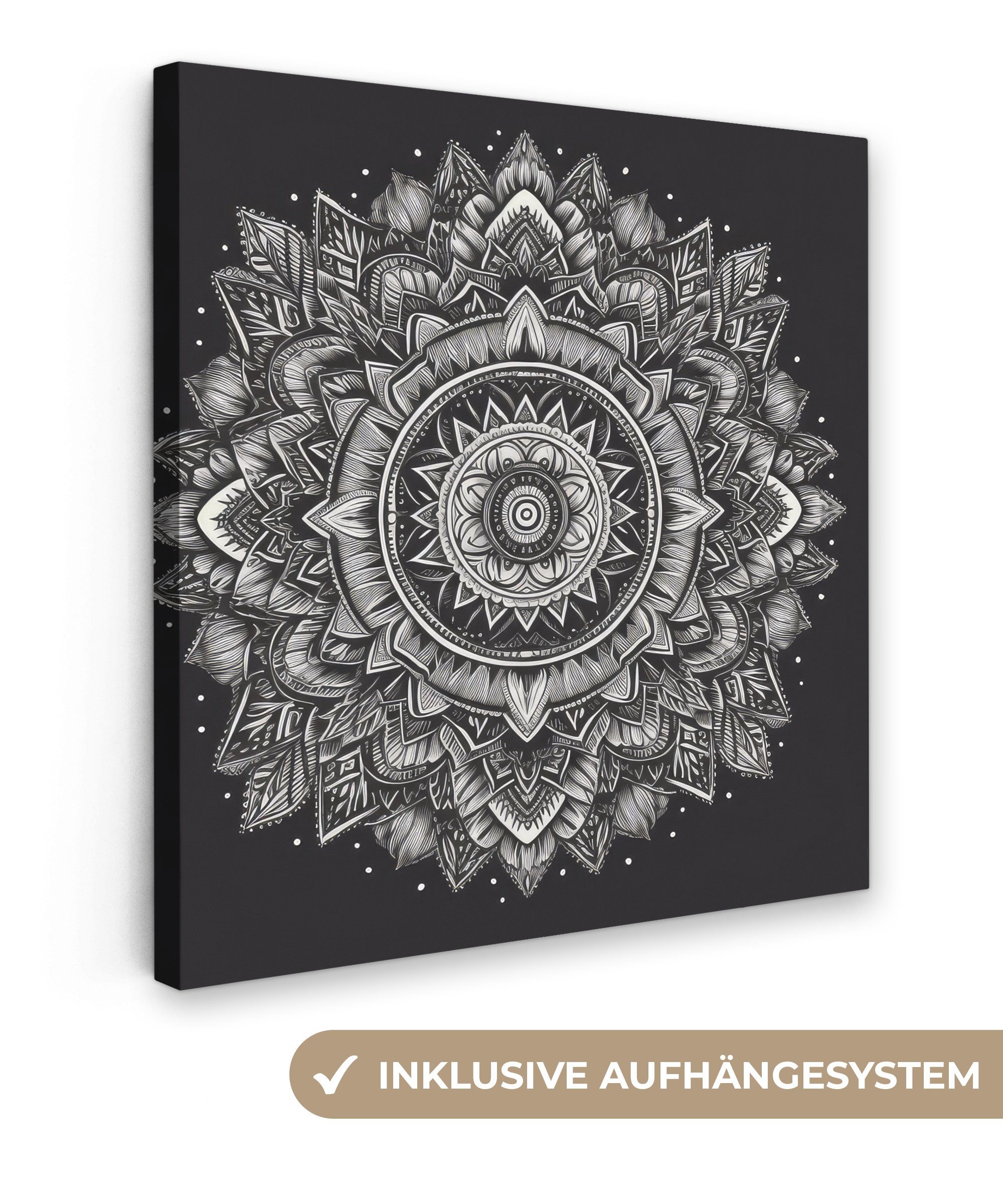 OneMillionCanvasses® Leinwandbild Mandala - Schwarz und weiß - Blumen - Böhmisch - Natur, Fotodruck (1 St), Wandbild, Deko Schlafzimmer Wohnzimmer Flur 20x20 cm