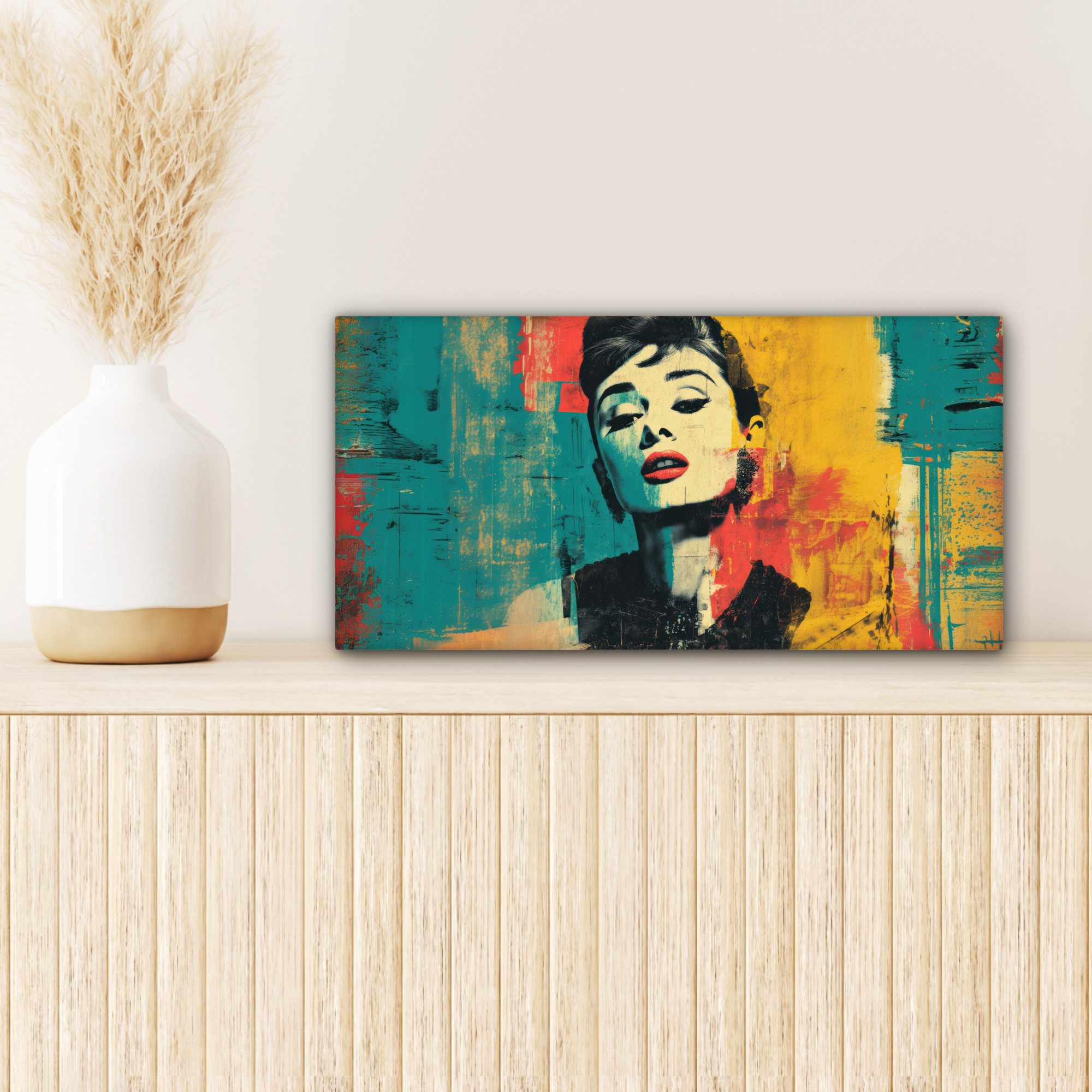 OneMillionCanvasses® Leinwandbild Panorama Frau - Rote Lippen - Ausdrucksstark - Grafik, Fotodruck (1 St), Wandbild, Deko Schlafzimmer Wohnzimmer Flur 40x20 cm