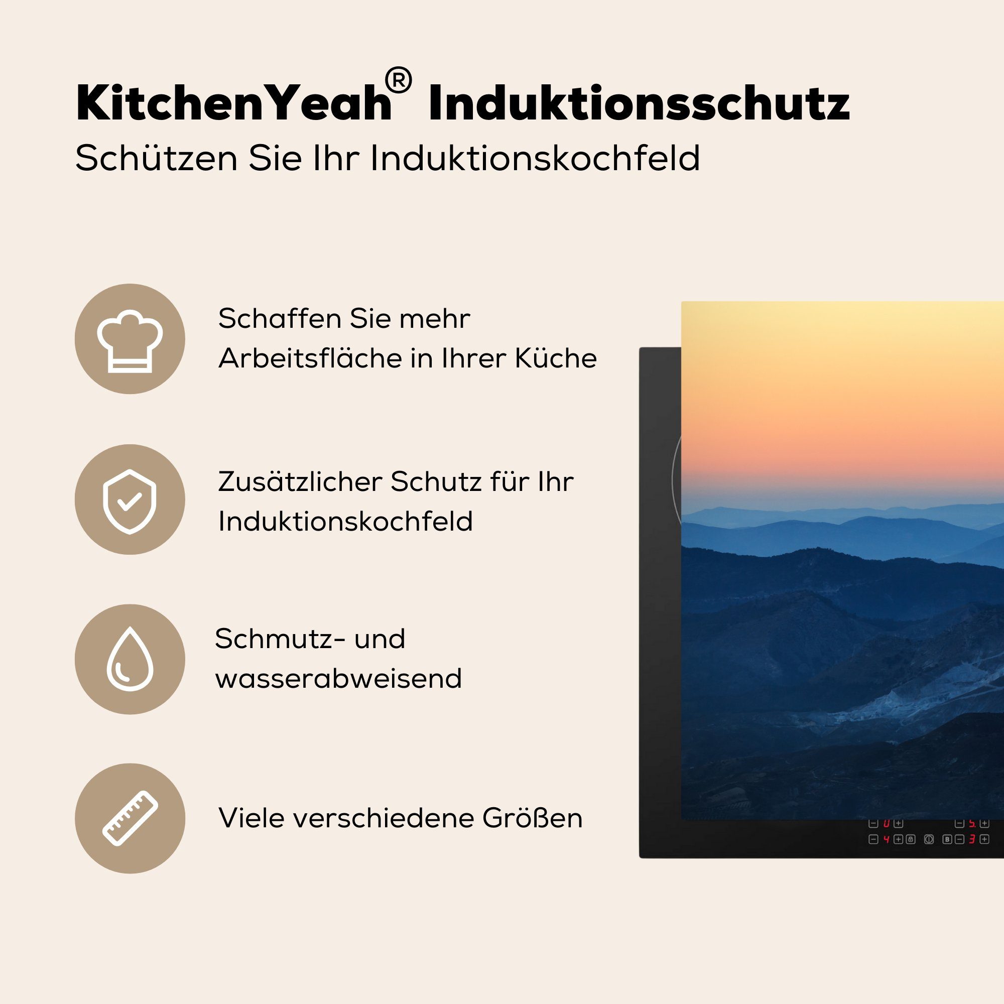 MuchoWow Herdblende-/Abdeckplatte Silhouetten von Bergen küche, bei 81x52 Vinyl, Schutz Induktionskochfeld für Sonnenaufgang, (1 die Ceranfeldabdeckung cm, tlg)