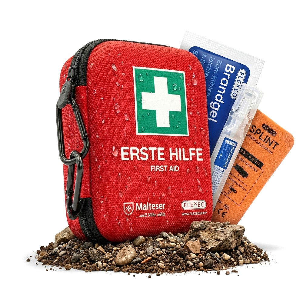 FLEXEO Erste-Hilfe-Set Traveller, (1 St), Kompaktes Notfallset mit Karabinerhaken für Wandern, Fahrrad, Outdoor