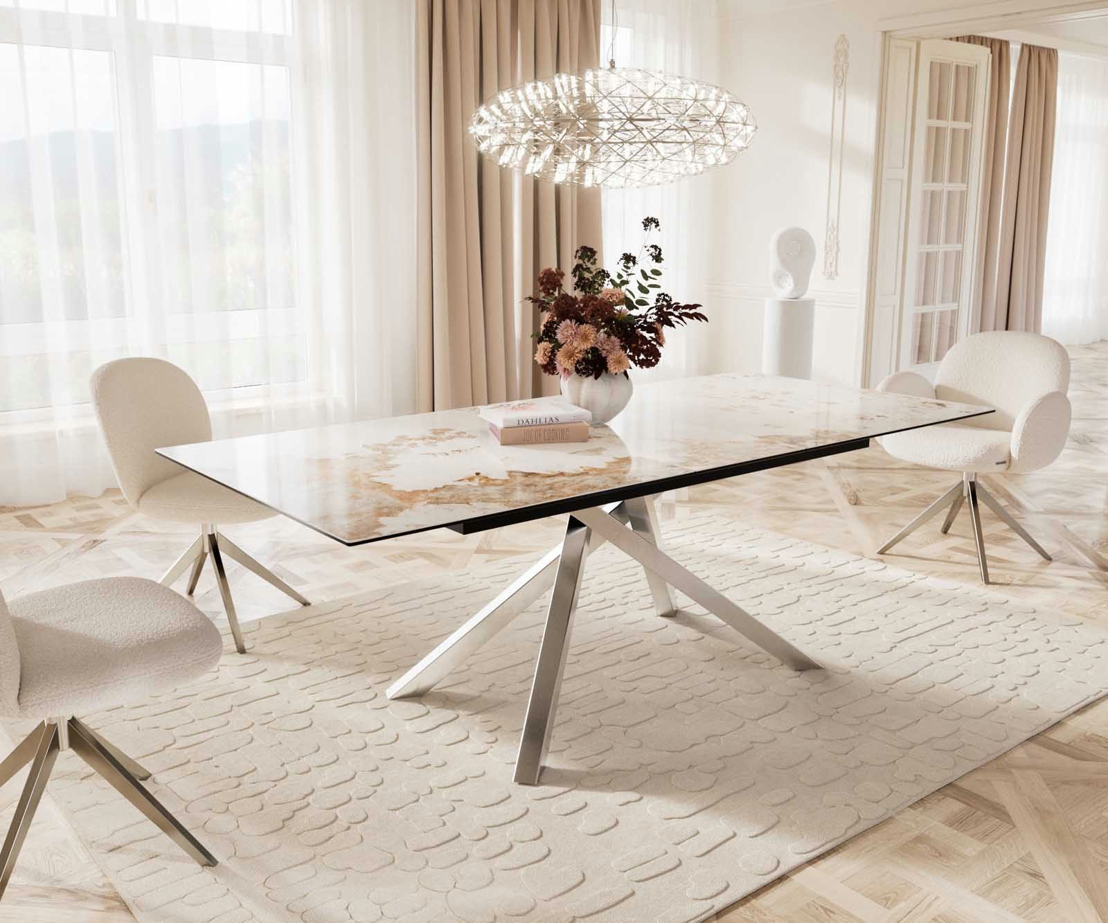 DELIFE Esstisch Edge, Keramik Minas Melange Weiß-Beige 180-220x100 Kreuzgestell Rechteck Ede