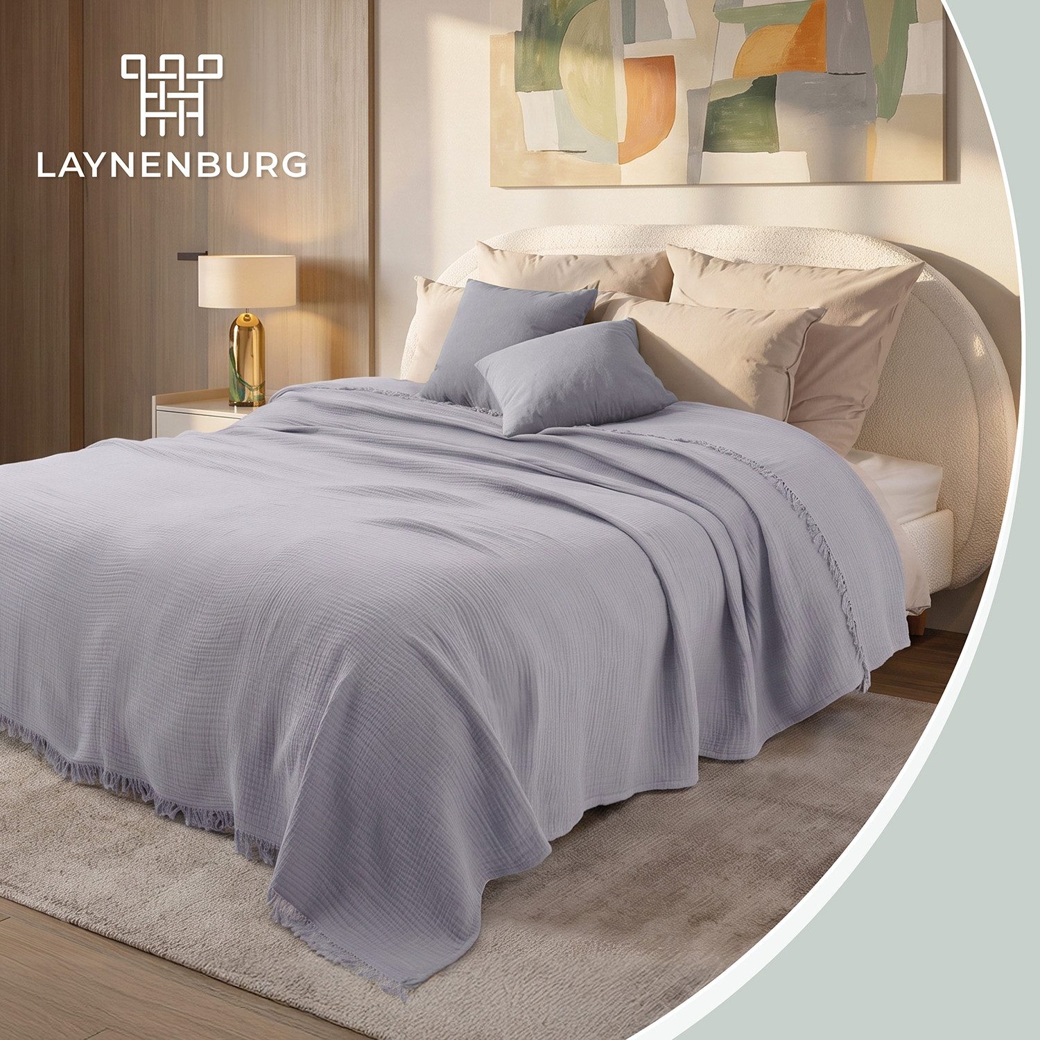 Laynenburg Tagesdecke Musselin mit Fransen aus 100% Baumwolle – Baumwolldecke, Wohndecke als Sommerdecke, Bett-Überwurf, Sofa-Decke, Kuscheldecke – Bild 2 von 5
