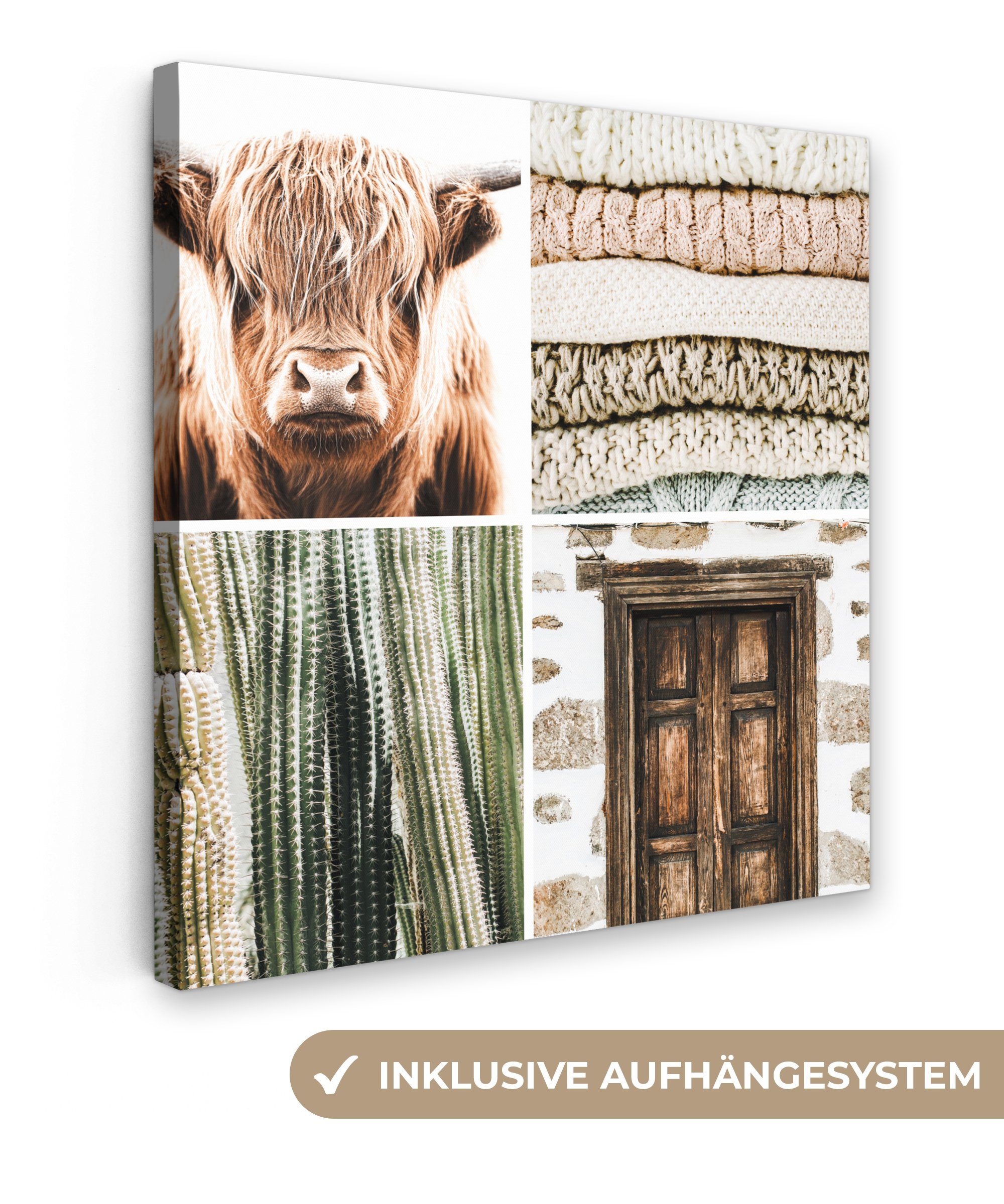OneMillionCanvasses® Leinwandbild Schottischer Highlander - Kaktus - Holz, (1 St), Leinwand Bilder für Wohnzimmer Schlafzimmer, 20x20 cm