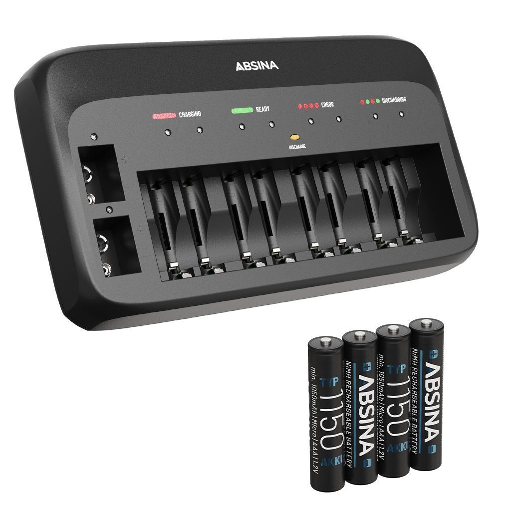 ABSINA X10 Akkuladegerät für AA, AAA & 9V - Batterieladegerät inkl. 4x Akkus Rundzellen-Lader (1-tlg)