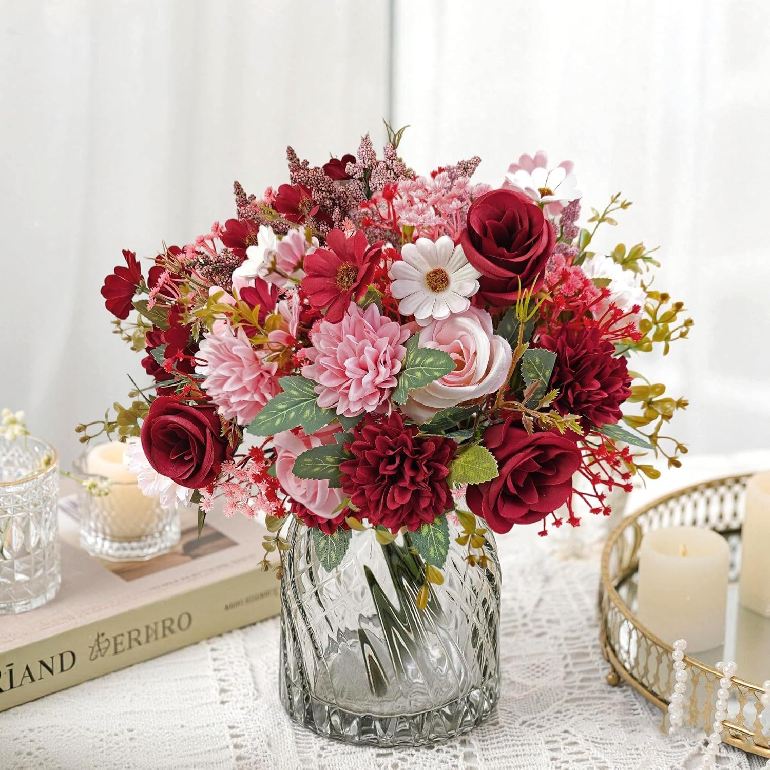 Kunstblumenstrauß 22 künstliche Rosen, Pfingstrosen & Schleierkraut – Deko-Blumenstrauß, FOUORTUNATE-BEE, Künstlicher Blumenstrauß für Hochzeit, Wohnzimmer, Tis – Bild 3 von 5