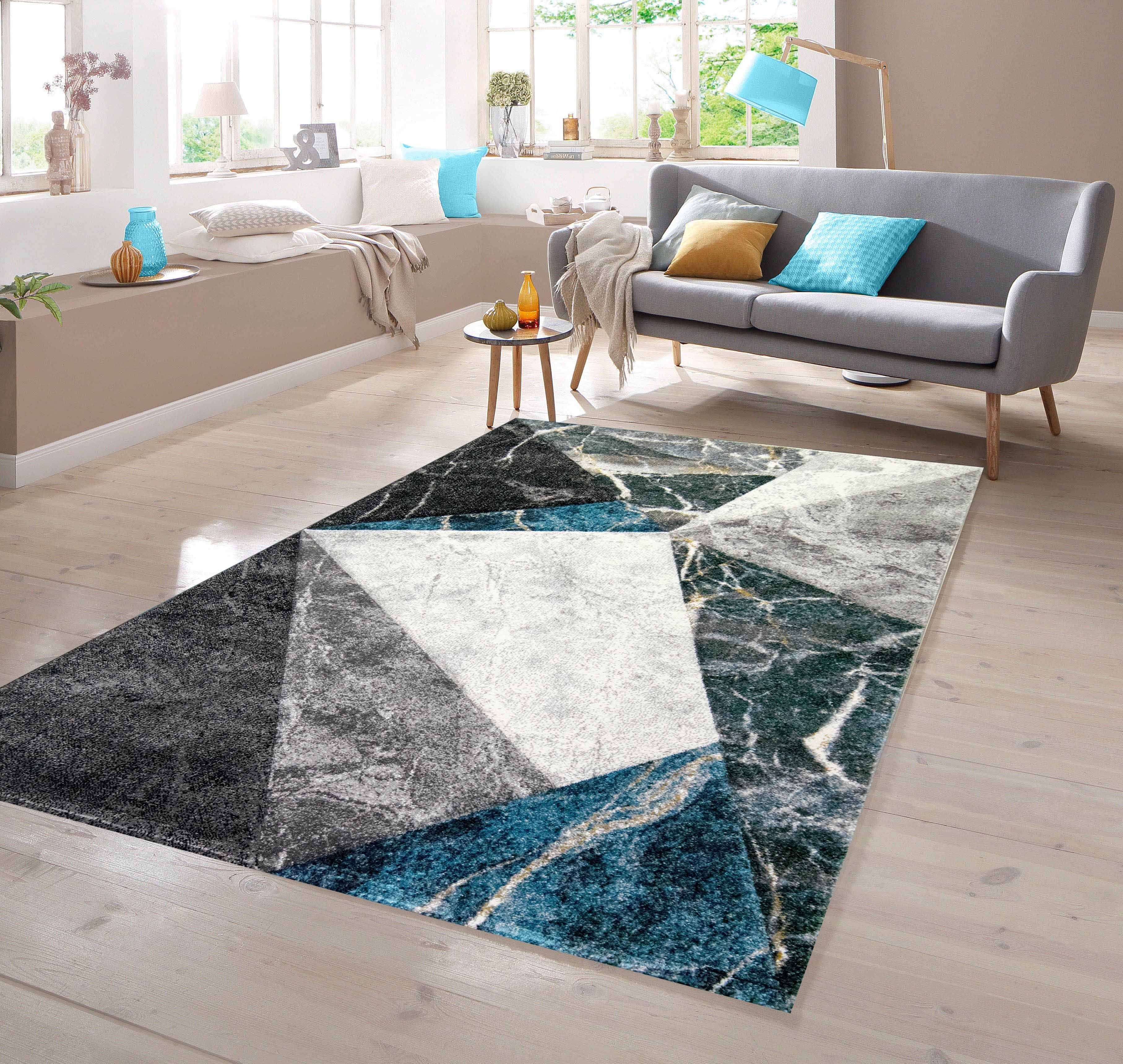 TeppichHome24 Teppich Wohnzimmer Teppich Geometrische Muster in grau blau, rechteckig