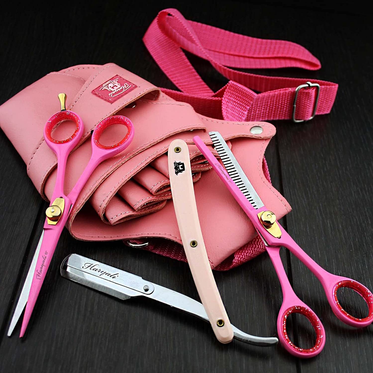 Haryali London Rasierer-Etui Scherenholster Tasche für Friseurscheren, rosa Leder Gürteltasche, In diese Tasche passen mehrere Scheren.