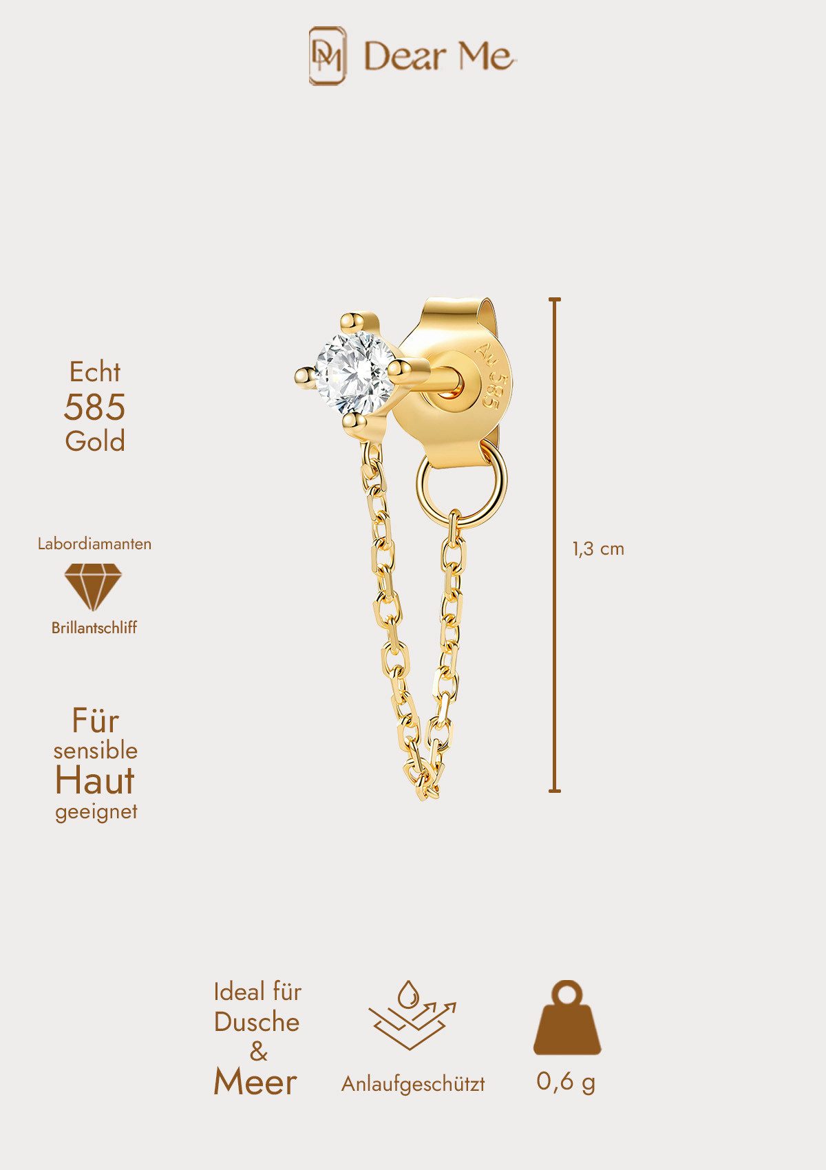 Dear Me Paar Ohrhänger mit Diamanten Zusammenhalt, 585 Echtgold, Moderne Damen Kettenohrringe, 14 Karat Gold