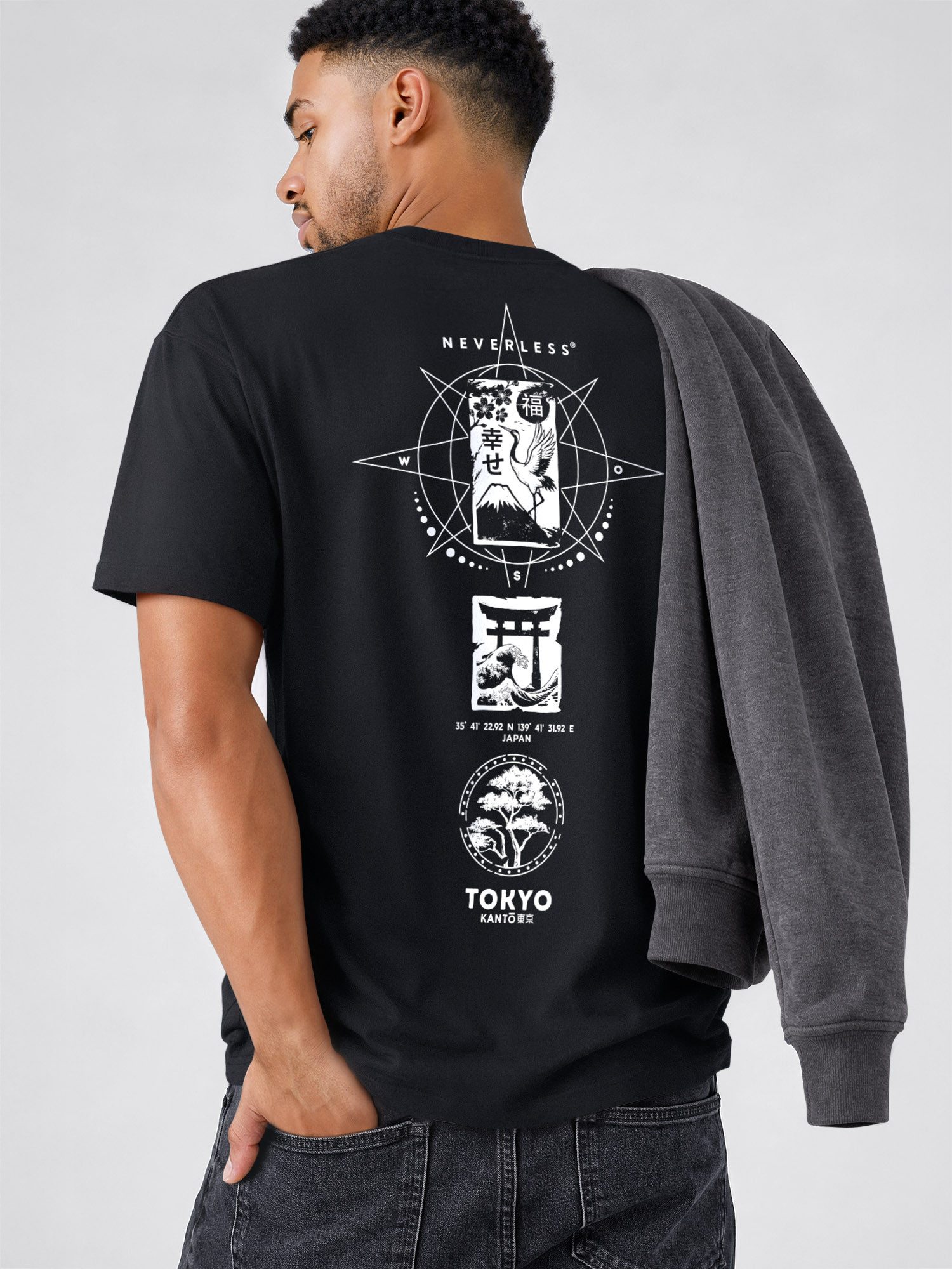 Neverless Oversize-Shirt Herren T-Shirt - Japan Kompass - Relaxed Fit Sommer Fashion mit Print – Bild 5 von 5