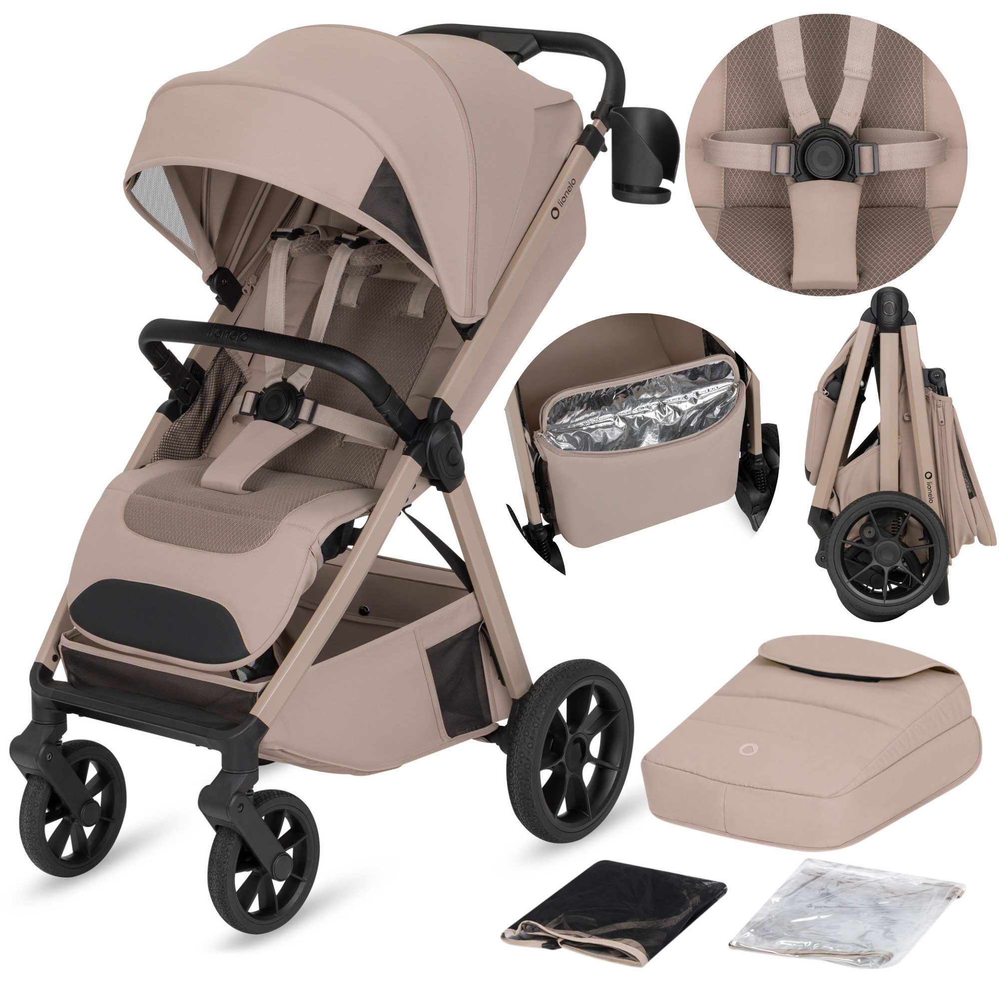 lionelo Kinder-Buggy BETT, (Set), Dri-Seat/ThermBag/inGrip/Click&Ride/XXL-Verdeck UPF50+