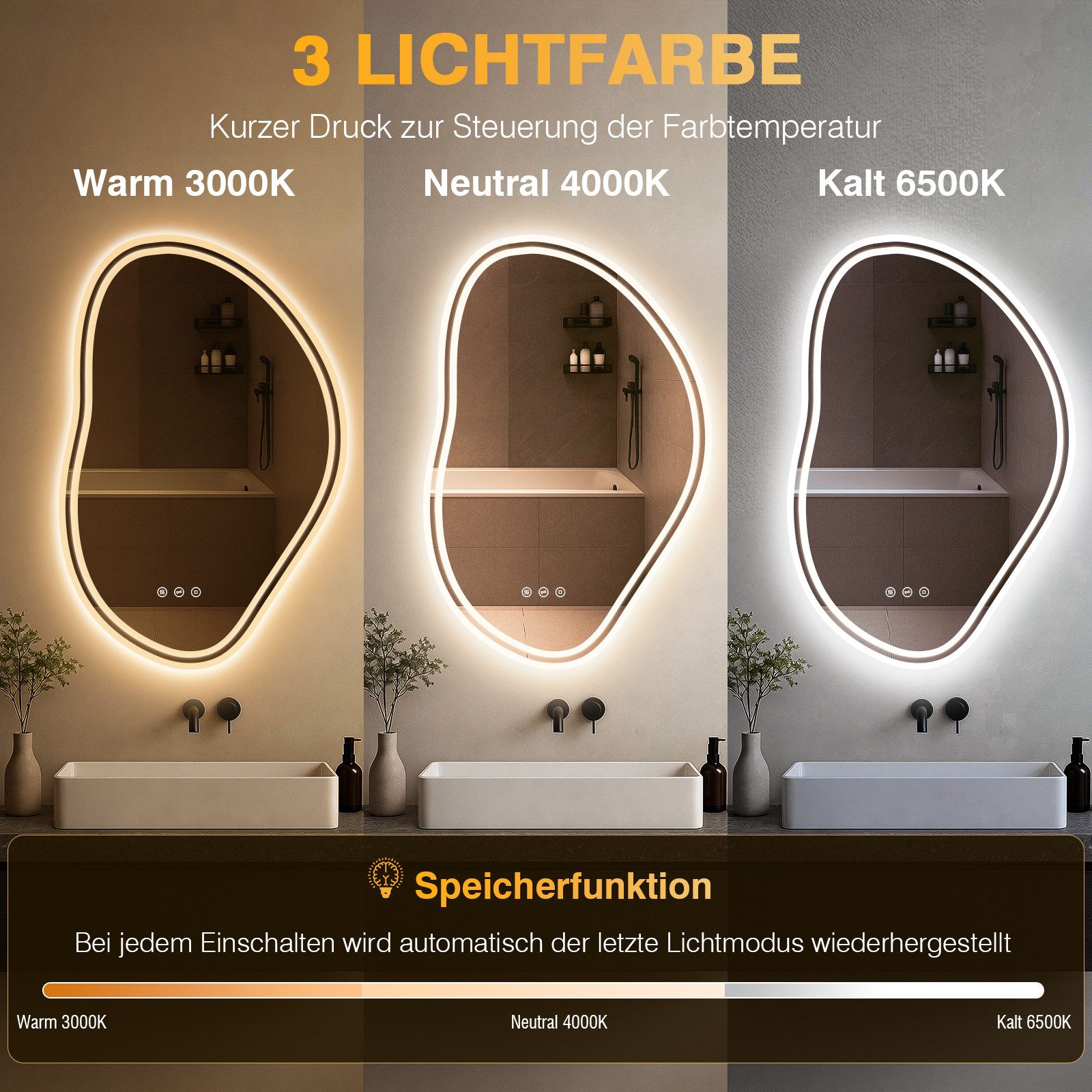 PESENXAN Badspiegel Asymmetrischer LED Spiegel 80x53 cm mit Beleuchtung dimmbar (1-St), 3 Lichtfarben, Touch-Schalter, Speicherfunktion fürs Bad – Bild 4 von 5