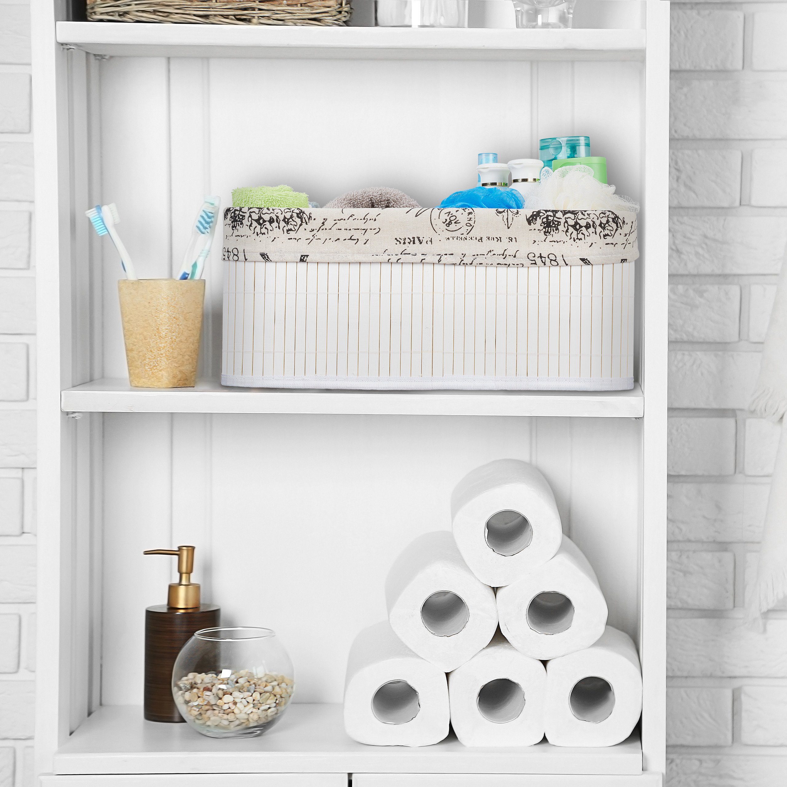 relaxdays Aufbewahrungskorb Bambus mit Print, Weiß günstig online kaufen