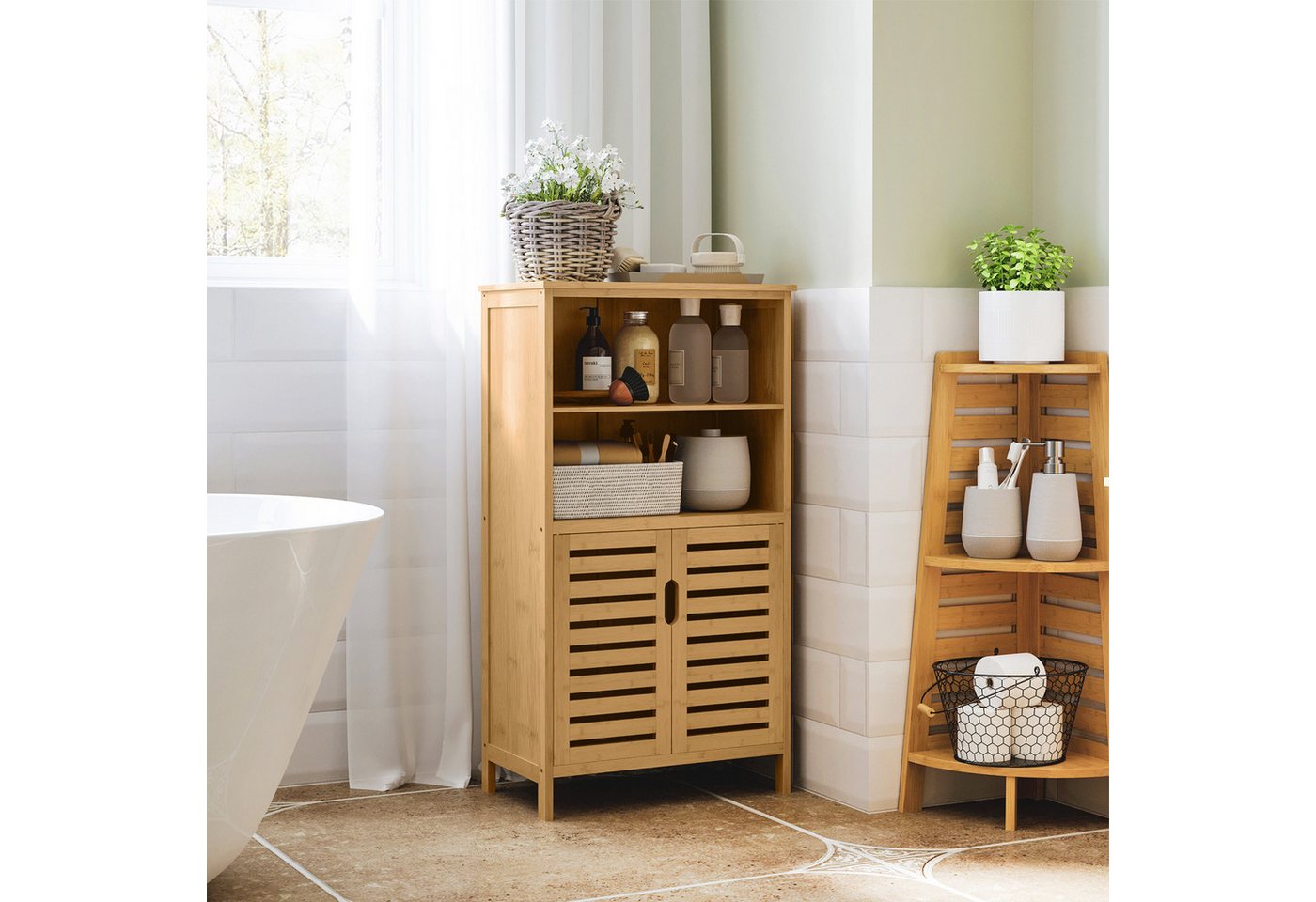 Kleankin Badkommode Beistellschrank, Mehrzweckschrank mit Kippschutz, Landhausstil (Badschrank, 1 St., Badezimmerschrank), Naturholz, 50 x 29 x 92 cm