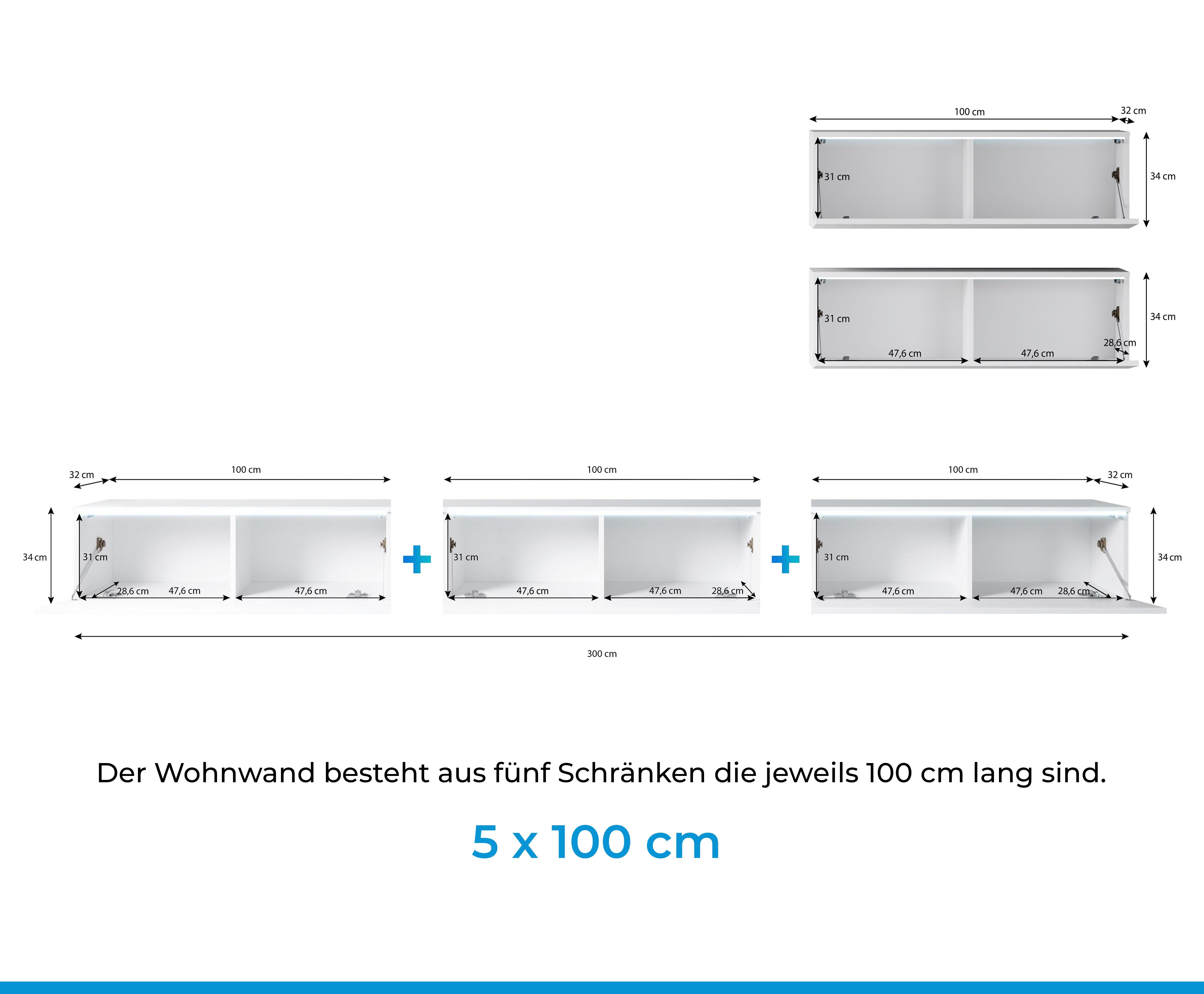 Eiche Möbelwand Stauraum, cm TV-Schrank Wotan Regal, 300 Mediawand mit LED V Furnix 3x viel ohne 2x Breite BARGO