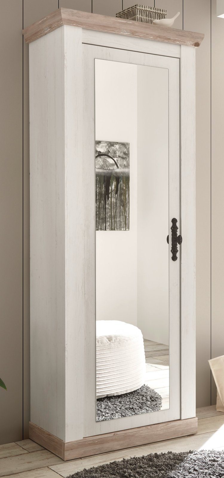 Furn.Design Garderobenschrank weiß, in Pinie mit Inneneinteilung Rovola 201 x variable Spiegeltür, großer 73 cm) (Schuhschrank