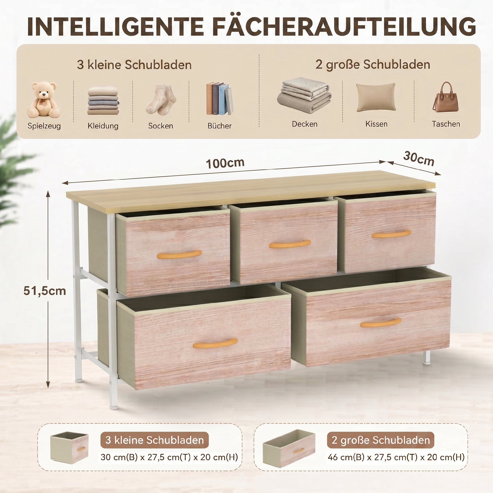 HOMCOM Kommode 5 Schubladen Stoff Schubladenschrank mit Metallrahmen Naturholz (Schrank, 1 St., Aufbewahrungsschrank), für Wohnzimmer, Schlafzimmer, 100x30x51,5 – Bild 4 von 5