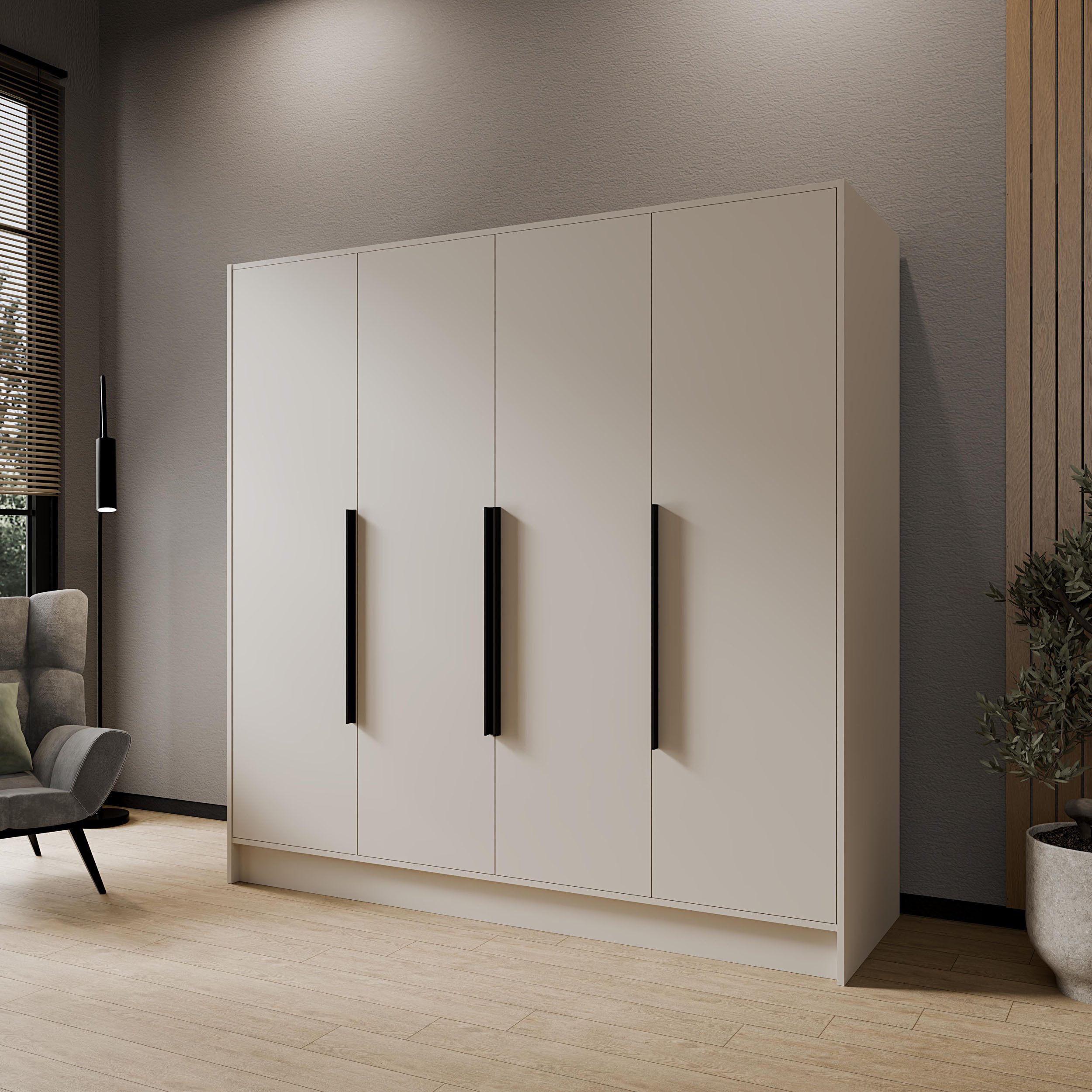 WFL GROUP Kleiderschrank Mono Bis Garderobenschrank für Schlafzimmer im Skandi-Stil (in 3 Größen: 100/150/200 cm Breite, 200 cm Höhe, 51 cm Tiefe) mit Schwarze/Goldene Metallgriffe, Drehtürenschrank mit viel Stauraum
