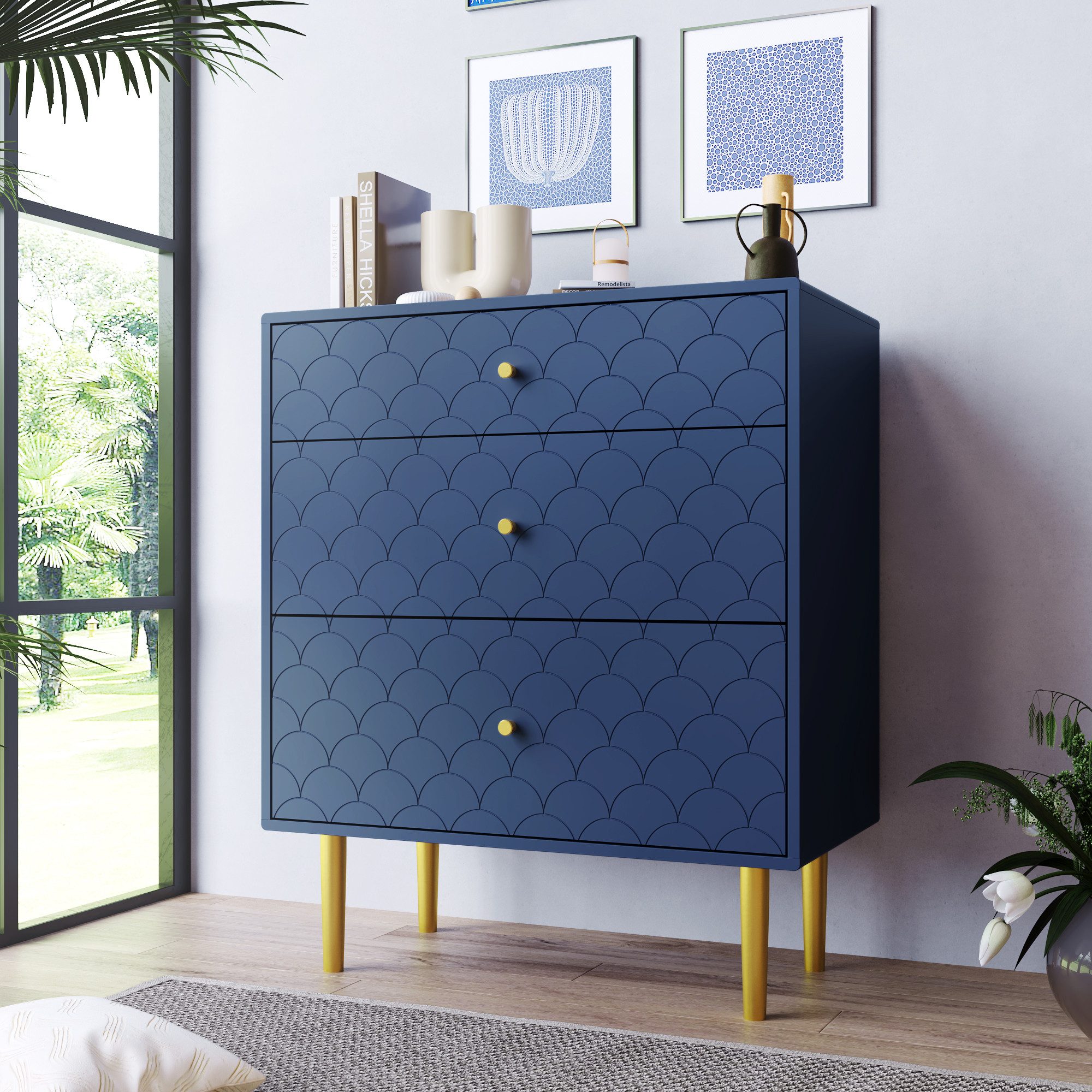Flieks Kommode, Sideboard Fischschuppenmuster 75*40*89cm Marineblau