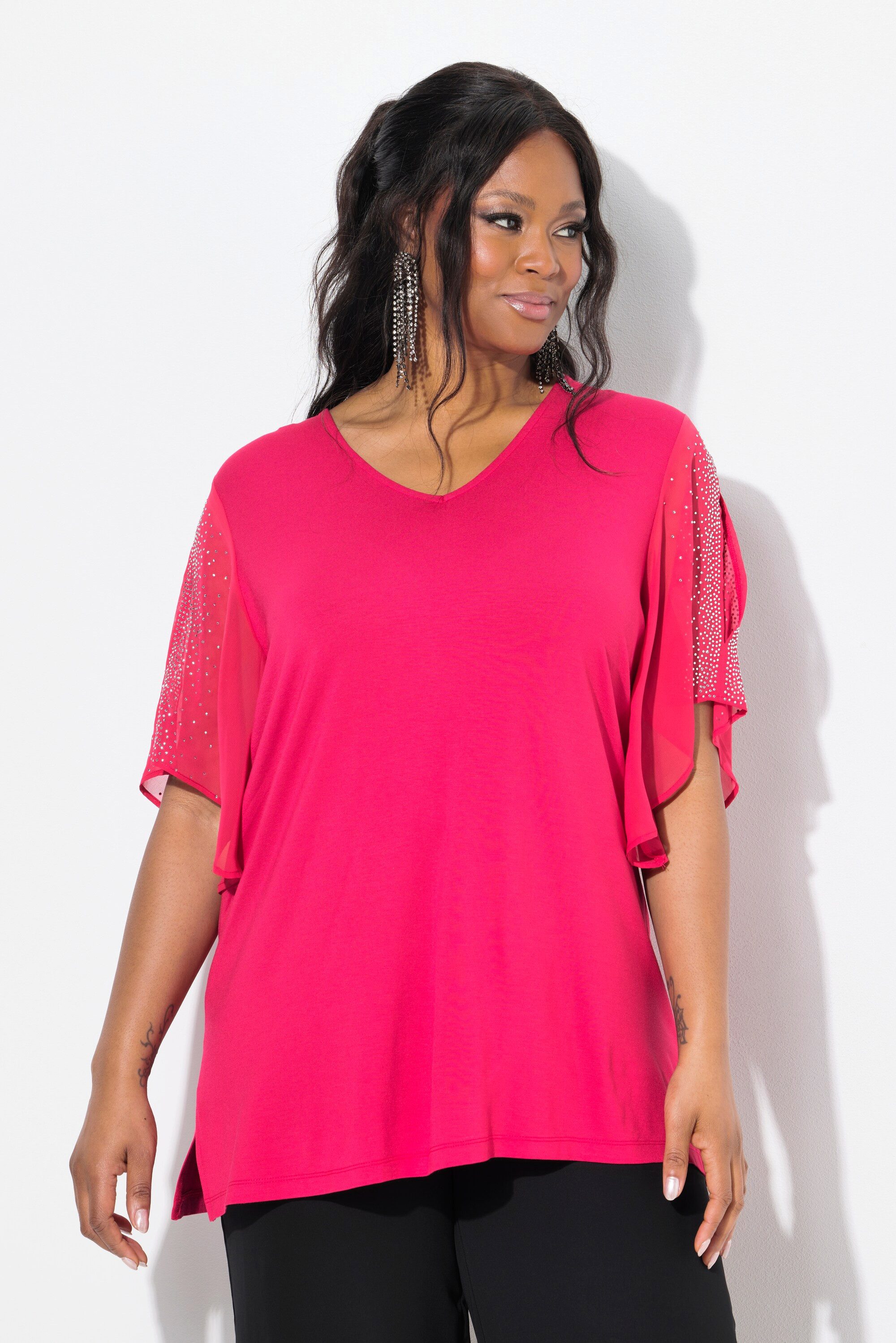 Ulla Popken T-Shirt T-Shirt Ziersteine A-Linie V-Ausschnitt