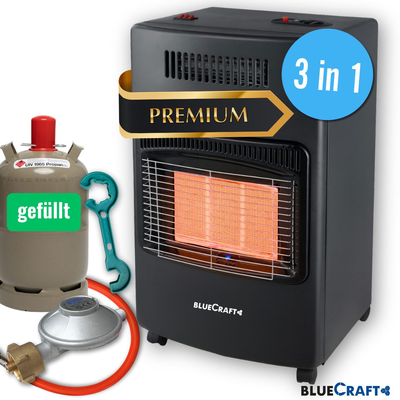 BlueCraft Heizstrahler, 4200 W, Druckminderer Gasregler Gas-Heizung für Gasflasche Elektroheizung