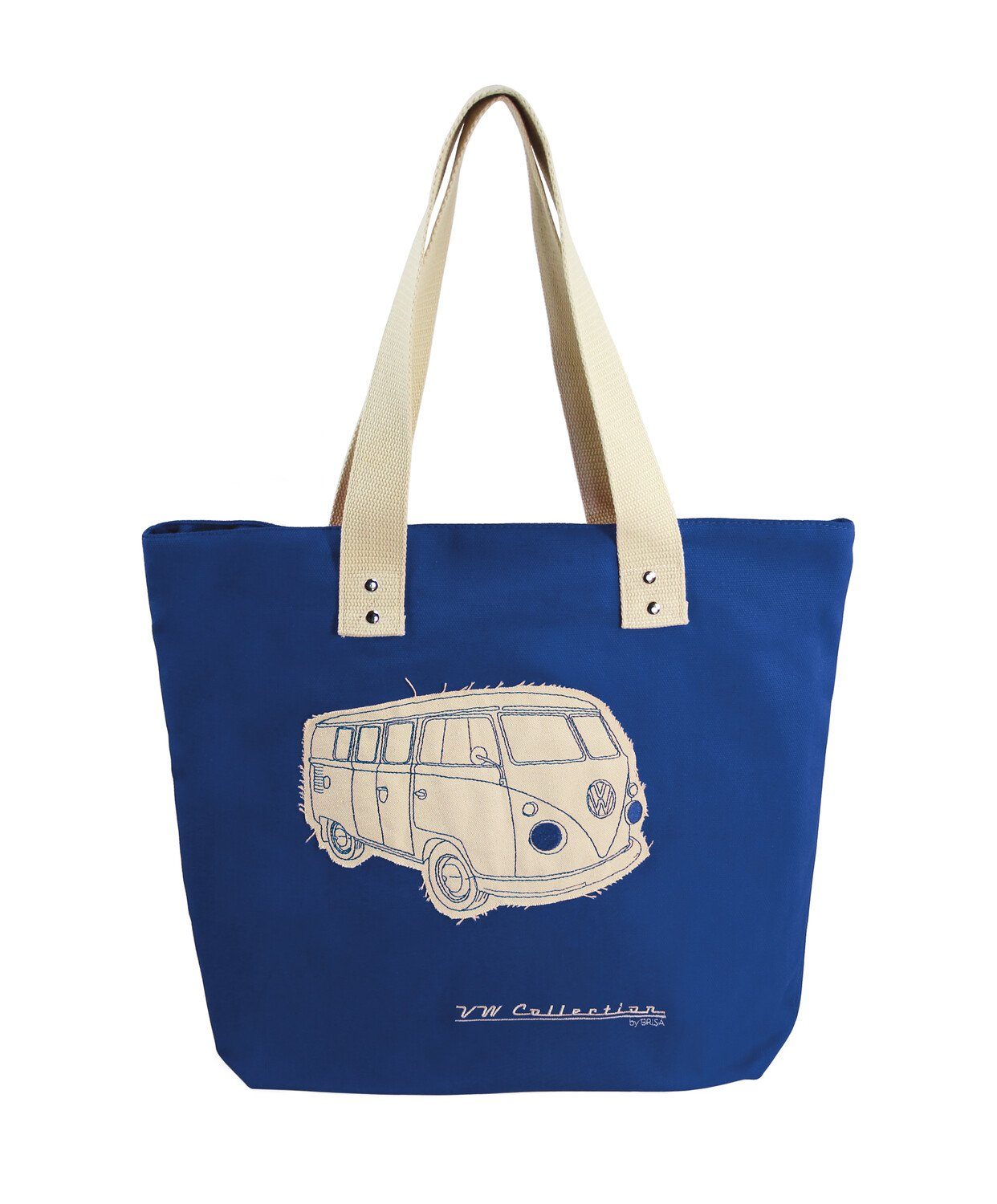 VW Collection by BRISA Einkaufsshopper Volkswagen Wiederverwendbare Canvas-Einkaufs-Tüte-Strand-Tasche, 17 l, mit T1 Bulli Bus Motive Silhouette in Blau Dunkelblau