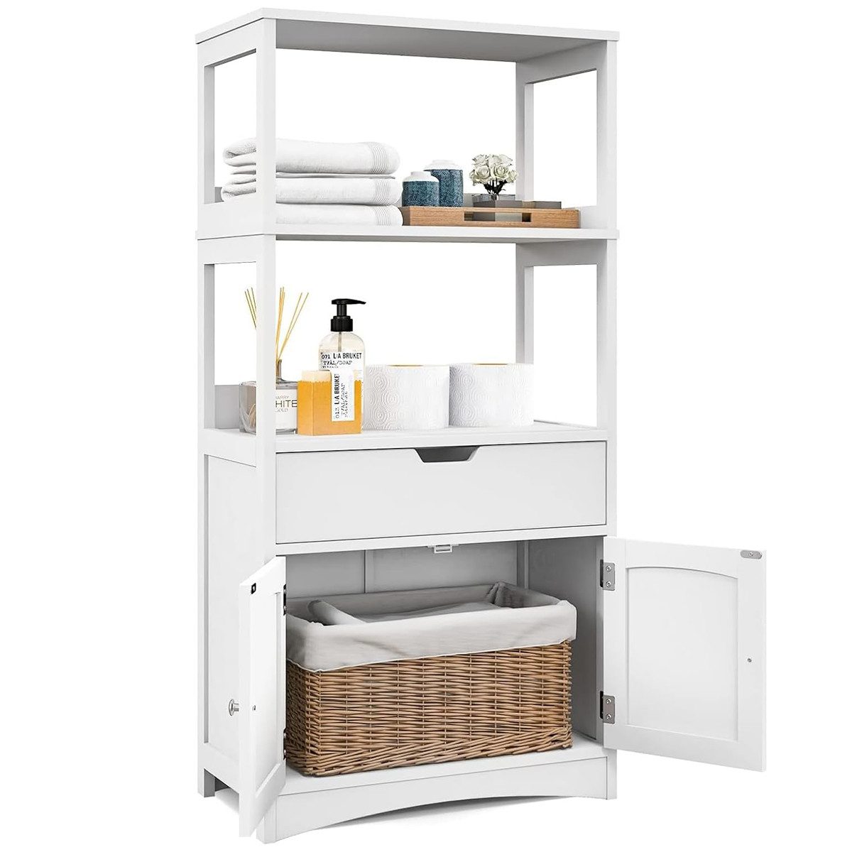 COSTWAY Mehrzweckschrank Bücherschrank mit Türen & 3 Regalen & Schublade