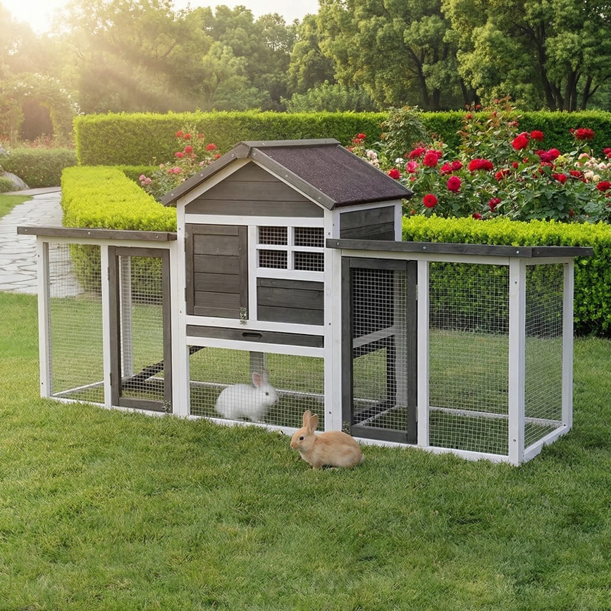 My Animal Kleintierstall XXL Hasenstall inkl. Gehege MH-31 - 2 Etagen - Wetterbeständig, Doppelstockhaus - 3 Türen - Dach mit Teerpappe - Kaninchenstall
