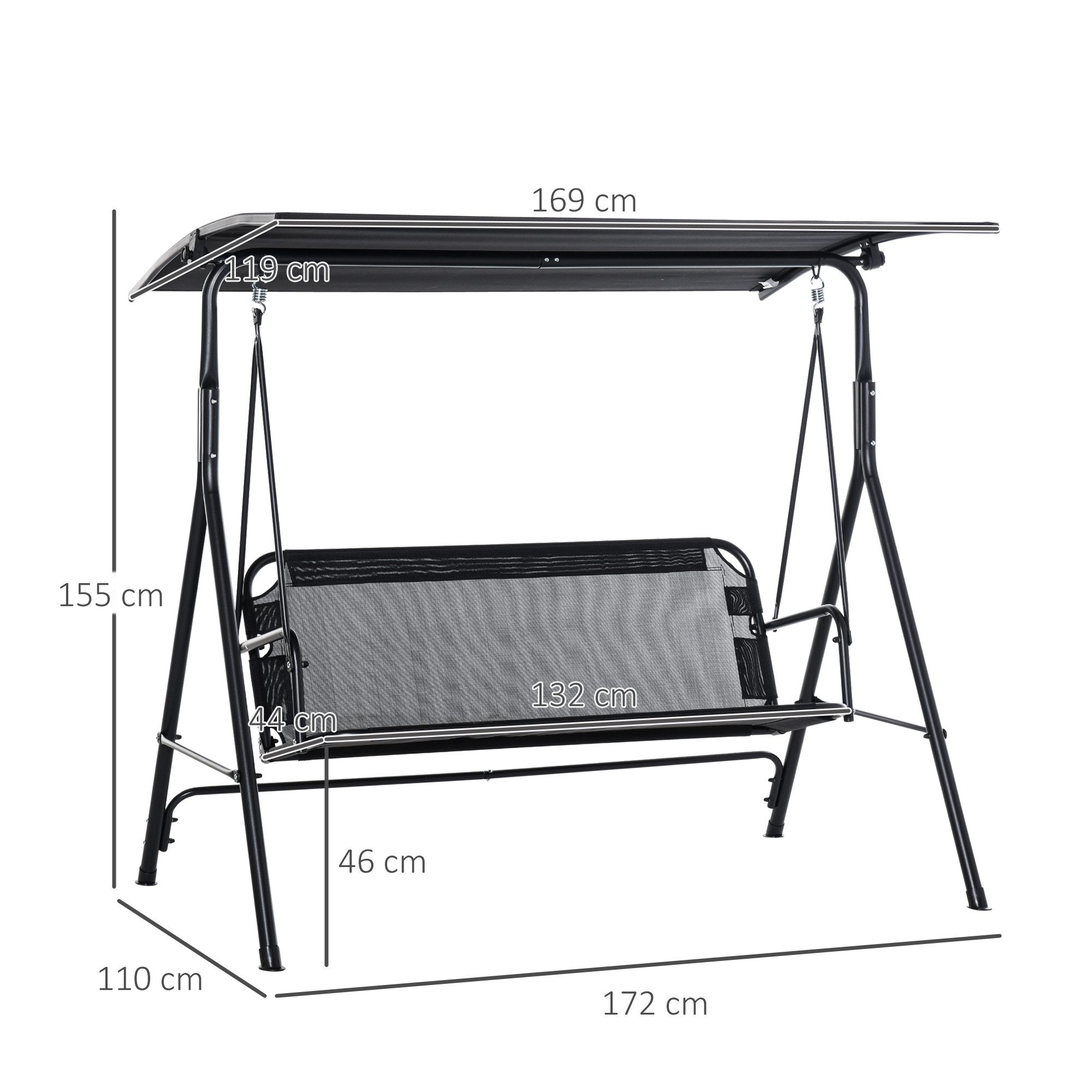 Outsunny Hollywoodschaukel Gartenschaukel mit verstellbarem Sonnendach, UV-Schutz, 2-Sitzer, Verstellbares Dach, Schaukel, 1 tlg., Schaukelbank, für Garten, Balkon, Schwarz
