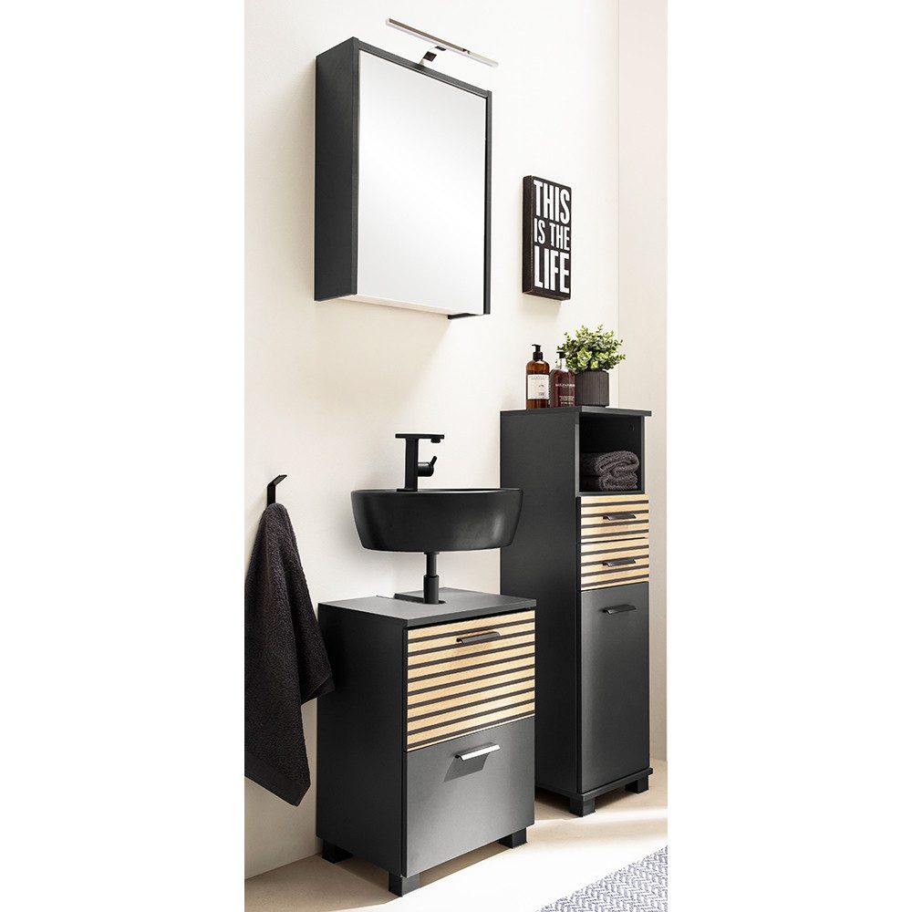 Lomadox Badmöbel-Set KANE-80, (Spar-Set, 3-St., Waschbeckenunterschrank Spiegelschrank Aufbauleuchte Midischrank), anthrazit Akustikpaneel-Optik inkl. LED Aufbauleuchte