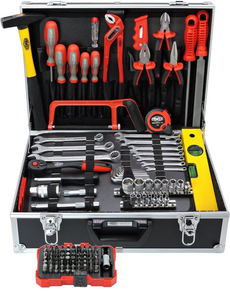 FAMEX Werkzeugset 755-58 Werkzeugkoffer gefüllt mit Werkzeug, (Werkzeug  Satz, 164-St), für Arbeiten rund ums Haus