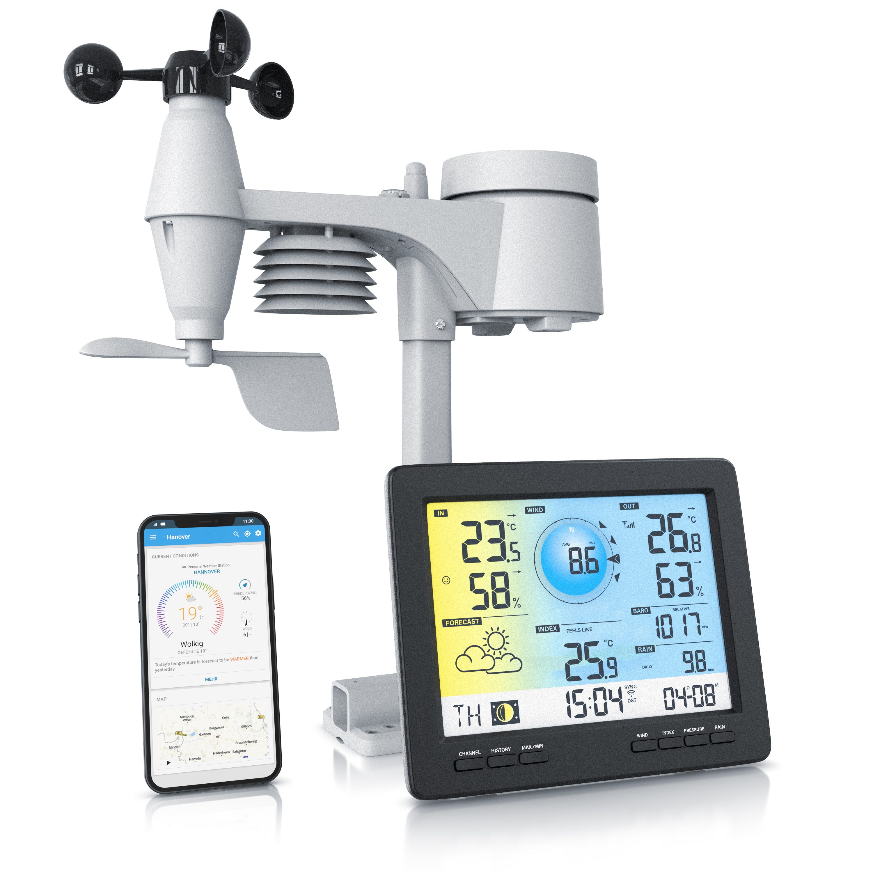 Brandson Profi Wlan Funkwetterstation mit Außen Messstation Wetterdaten per App Wetterstation (mit Außensensor, LCD Farbdispay, Innen und Außentemperatur, Windmesser, Regensensor)