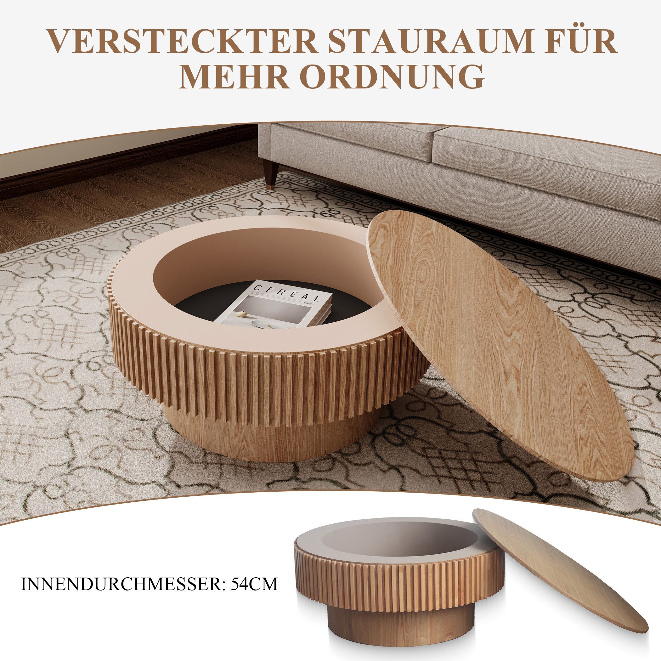 SeedWave Couchtisch mit Stauraum Sofatisch in Pilzform mit 75cm Runder Tischplatte, Wohnzimmertisch mit Massivholzfurnier – Bild 4 von 5