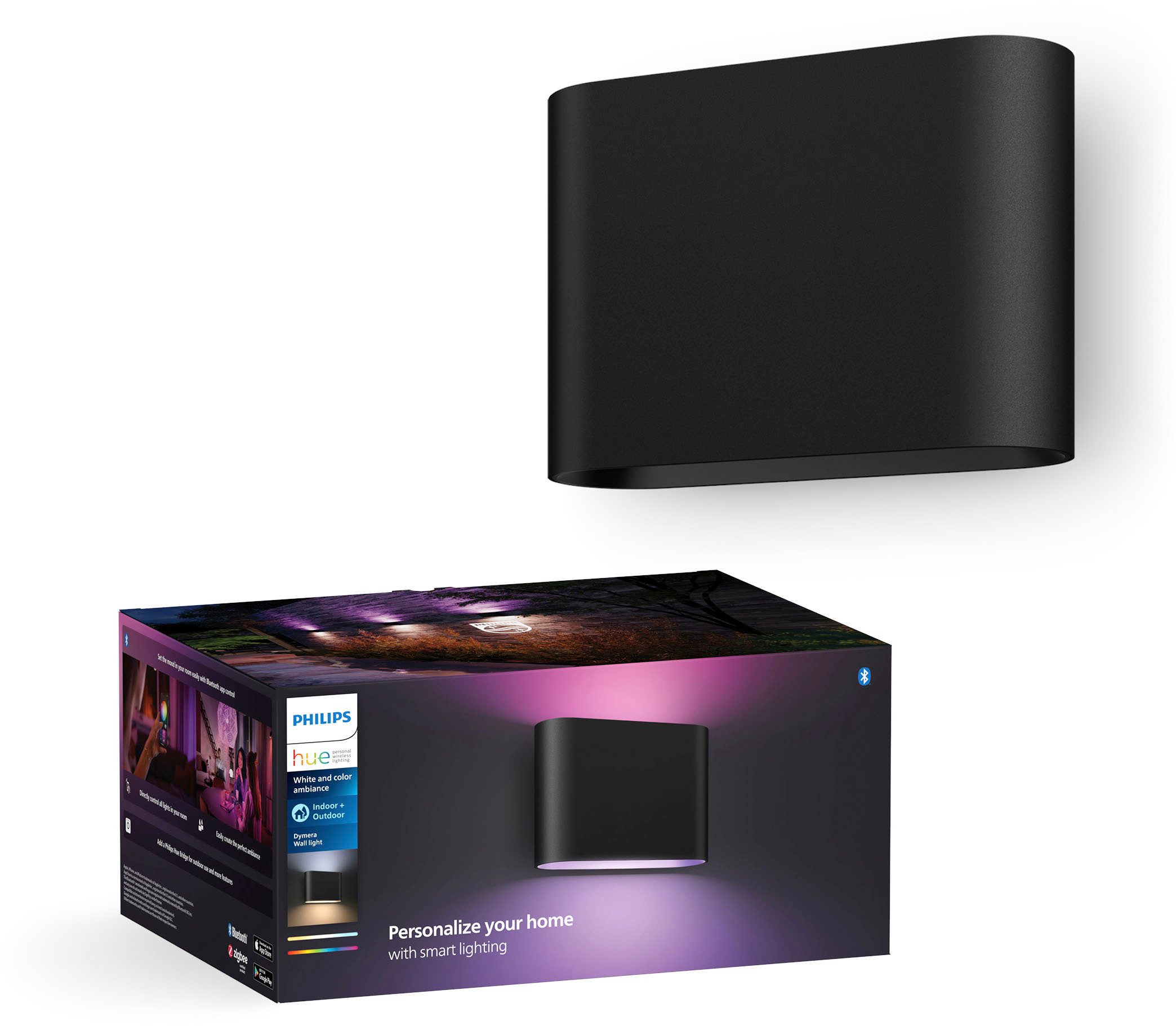 Philips Hue Außen-Wandleuchte Outdoor White & Color Ambiance Dymera Wandleuchte zweistrahlig, Abschaltautomatik, Bluetooth, CCT - über Fernbedienung, Dimmfunktion, Farbsteuerung, Farbwechsel, Leuchtdauer einstellbar, Memoryfunktion, Nachtlichtfunktion, RGB, Smart Home, Timerfunktion, dimmbar über Fernbedienung, erweiterbar, mehrere Helligkeitsstufen, LED fest integriert, RGB