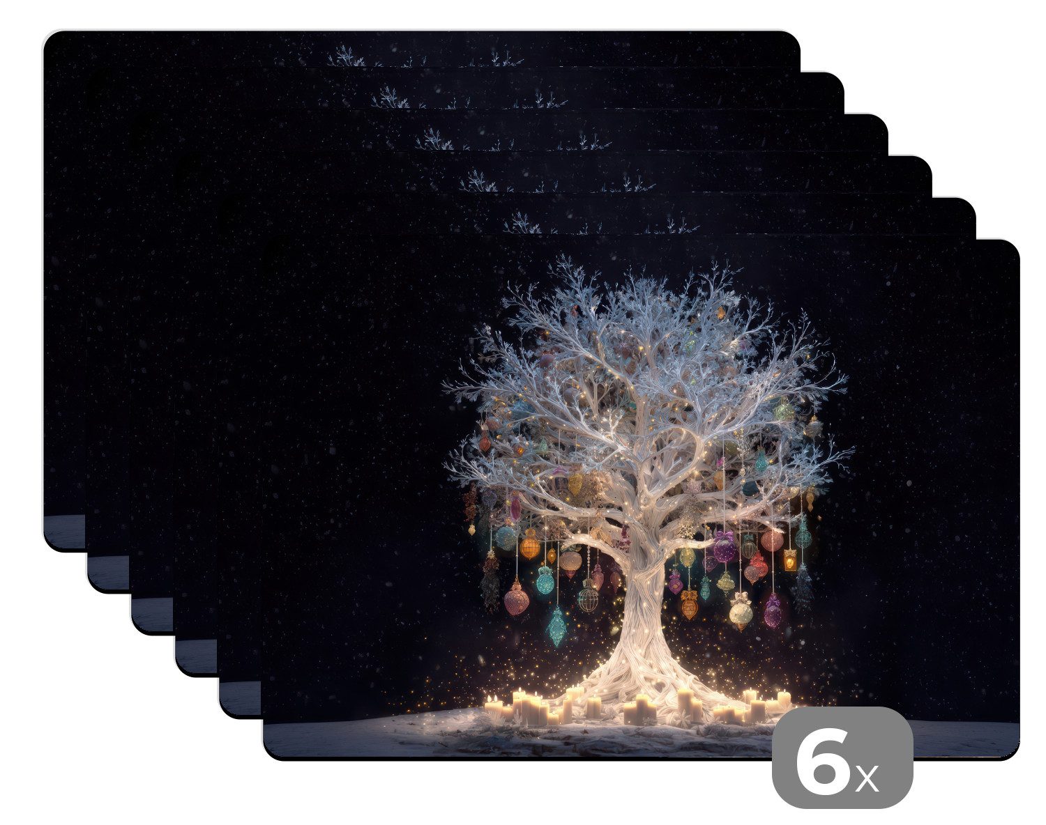 MuchoWow Platzset Schneebaum - Lichter - Weiß - Farbenfroh, (6-St), Platzsets, Tischset, Abwaschbar, Tischsets, Platzdeckchen