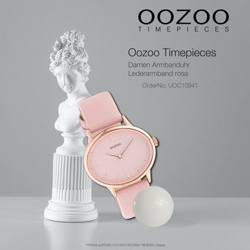 OOZOO Quarzuhr Oozoo Damen Armbanduhr rosa Analog, (Analoguhr), Damenuhr rund, extra groß (ca. 38x31mm) Lederarmband, Fashion-Style