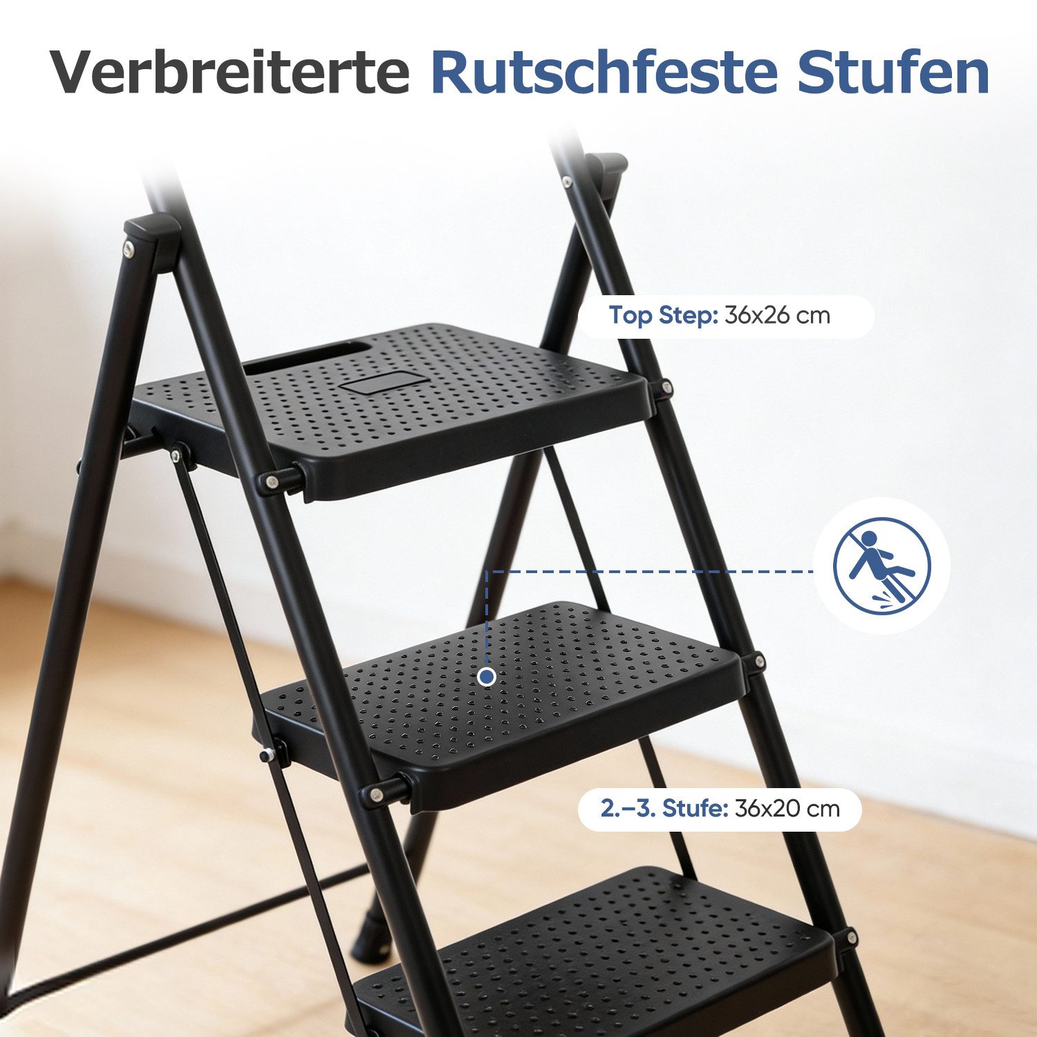 Sekey Trittleiter Klapptritt Faltbar mit extrabreiten 36 cm XXL-Trittstufen, Anti-Rutsch, Haushaltsleiter 3 Stufen klappbar, für Zuhause & Küche, bis 150 kg – Bild 5 von 5