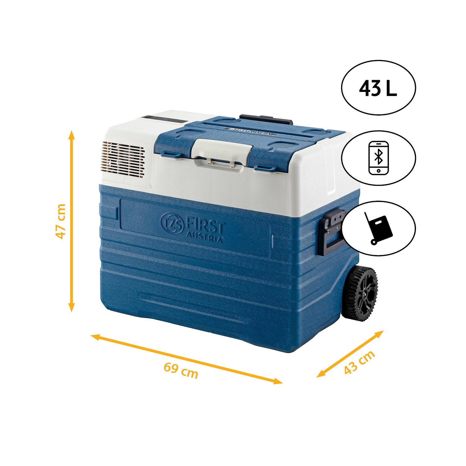 TZS FIRST AUSTRIA Elektrische Kühlbox Kompressor Kühlbox, 43 L, -20°C bis +20°C, Trolleyfunktion, MAX/ECO, Innenbeleuchtung, USB-Anschluss, Display oder App, Tragegriffe