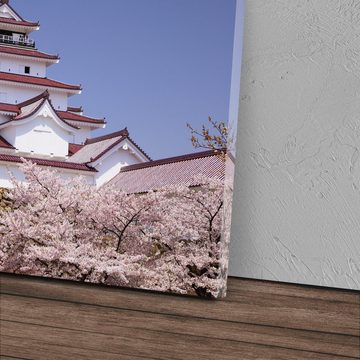 Sinus Art Leinwandbild 120x80cm Wandbild auf Leinwand Japanischer Tempel Japan Kirschblüten K, (1 St)