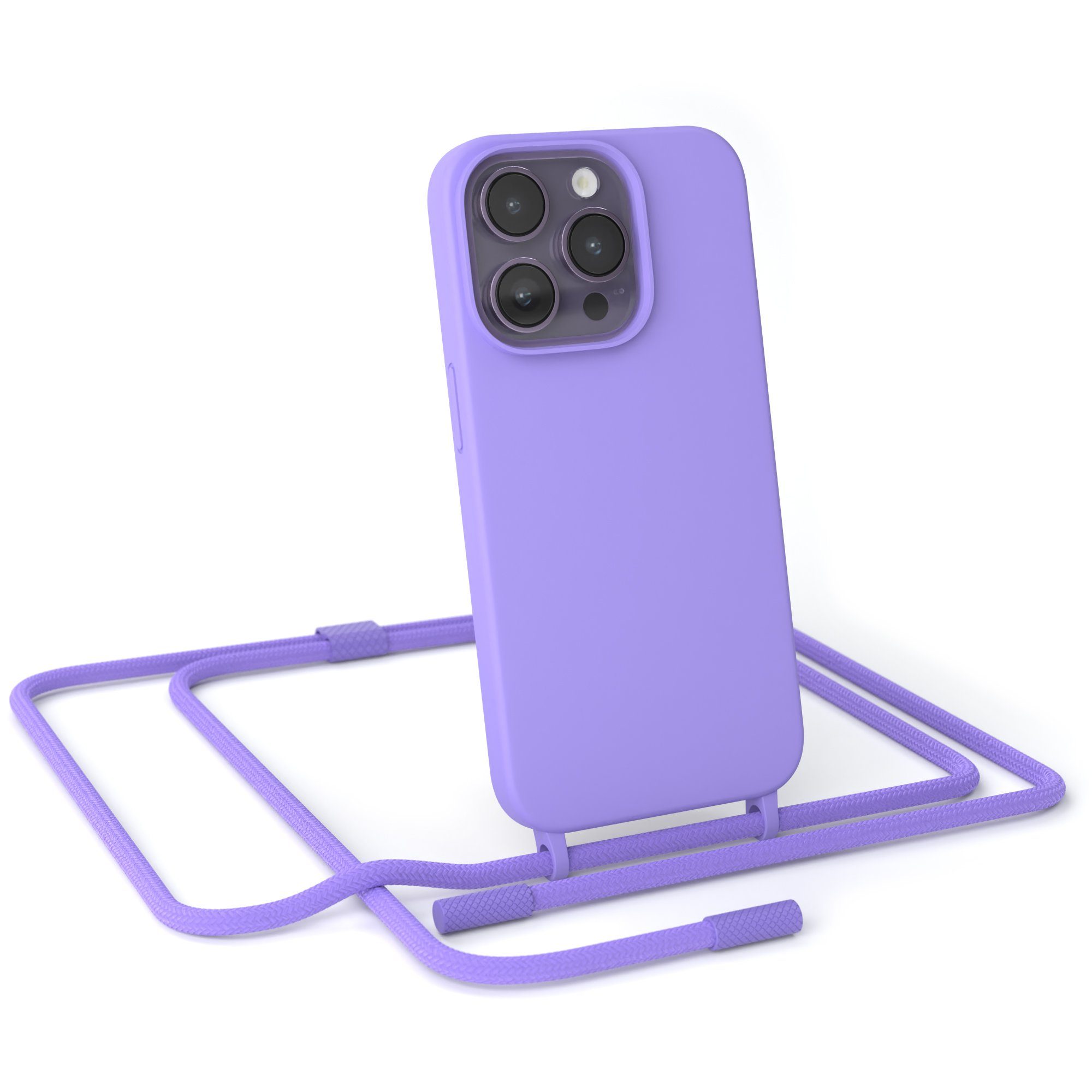 EAZY CASE Handykette Runde Kette für Apple iPhone 14 Pro 6,1 Zoll, Ketten Kordel Transparent Case abnehmbare Handyhülle Flieder Lila Gold