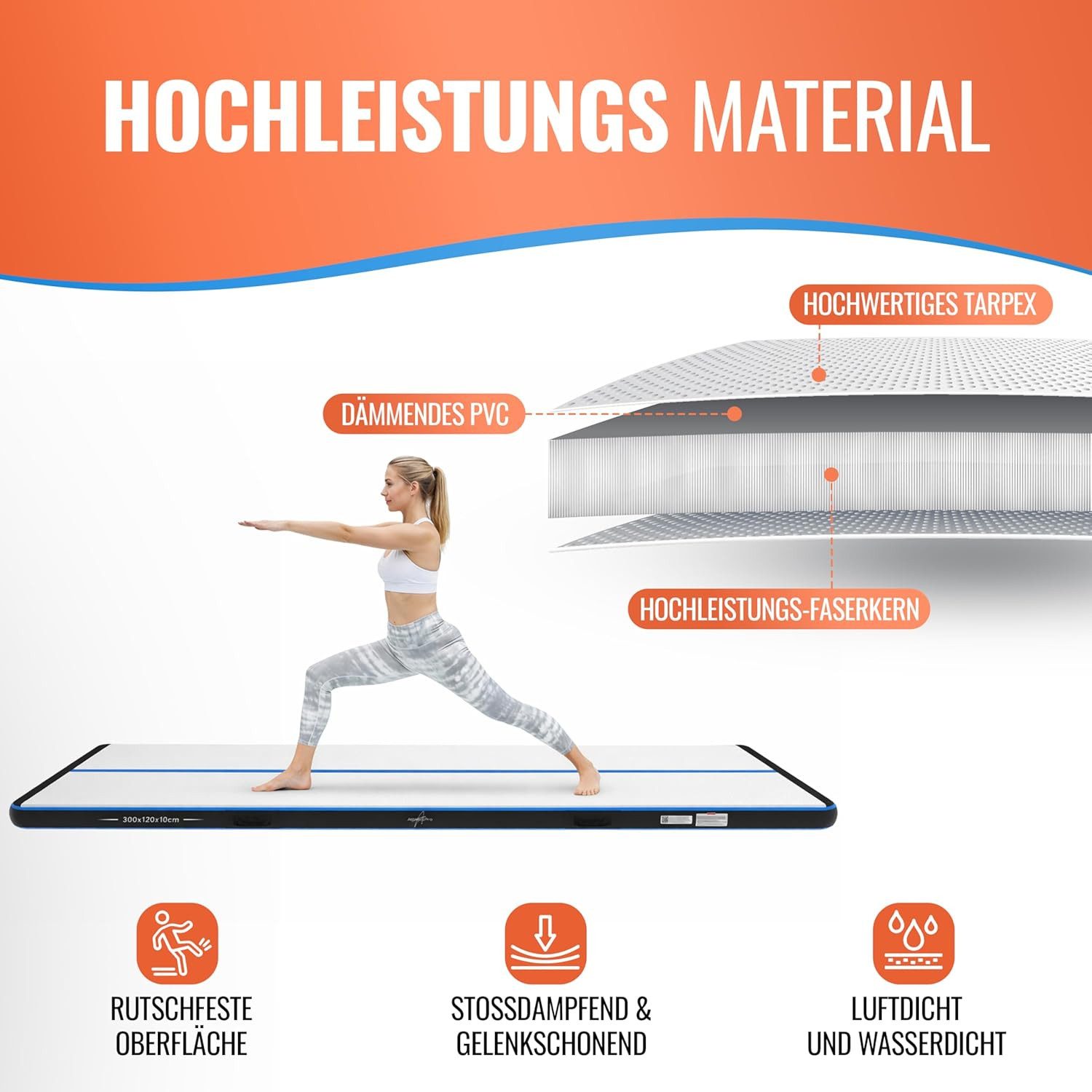 AthleticPro Turnmatte Airtrack Matte - 120cm breit, 3-5m Turnmatte aufblasbar, Tragetasche (10cm), inkl. elektrischer Pumpe, Reparaturset, wasserdicht – Bild 4 von 5