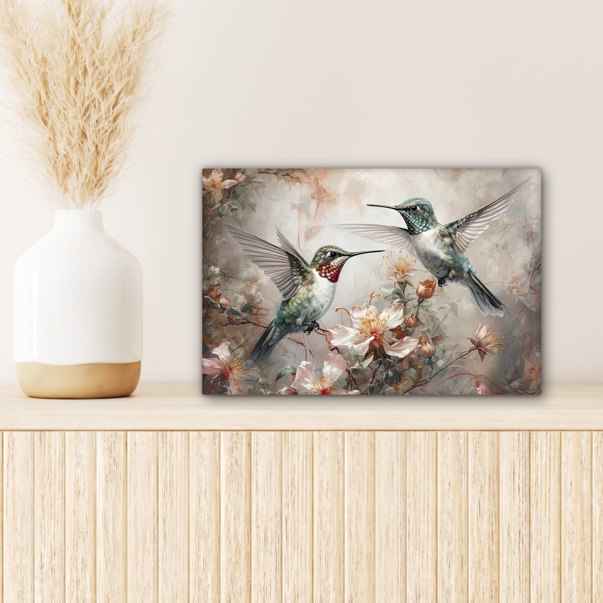 Aufhängefertig, - Blumen - Kolibri Leinwandbild cm - Wandbild Pflanzen, St), (1 Leinwandbilder, OneMillionCanvasses® Wanddeko, Vögel 30x20