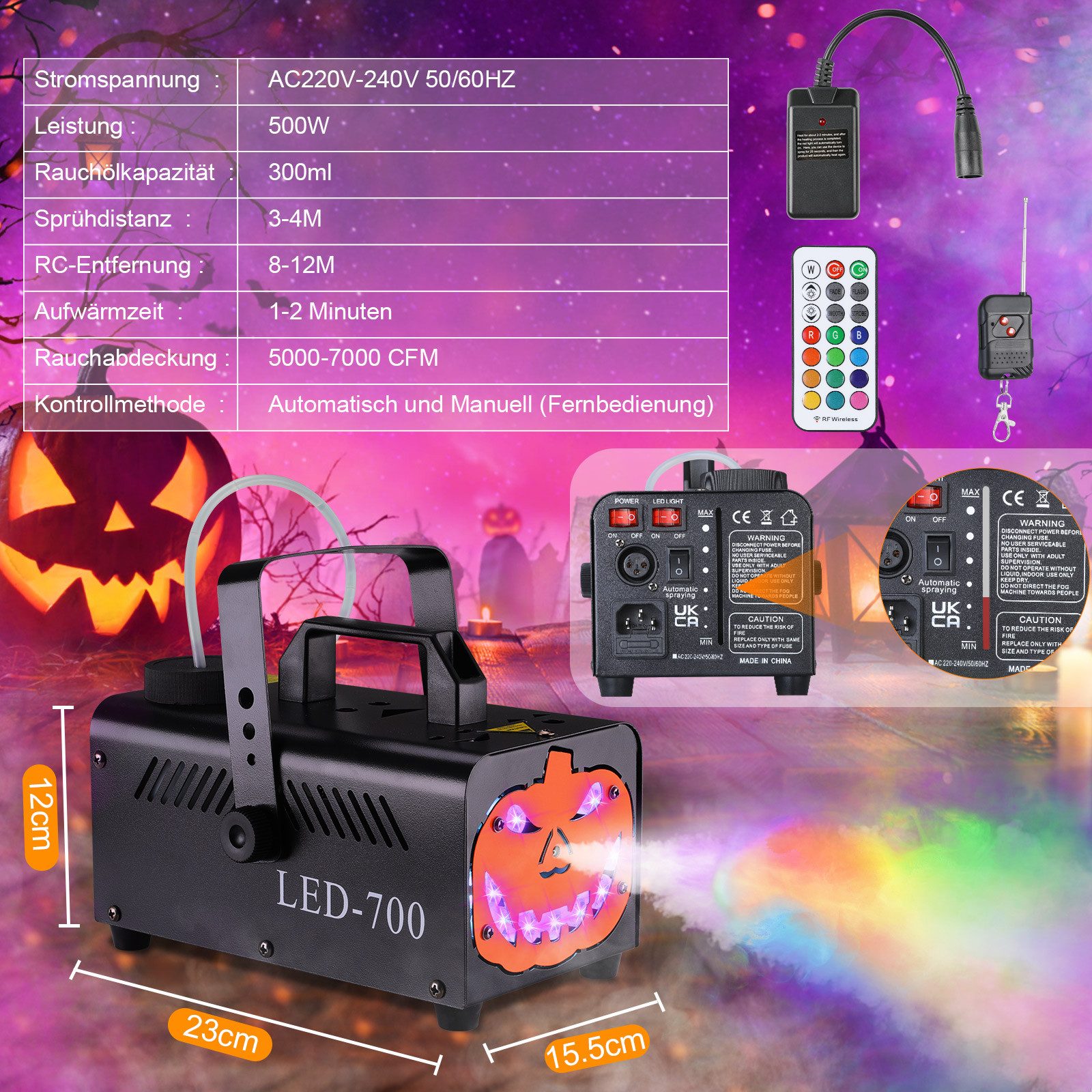 TLGREEN LED Discolicht 500W Nebelmaschine Kürbis Kopf, mit 13 Farben 9 LED Licht, RGB Effekt und Automatik-Sprühfunktion, Fog Rauchmaschine für Halloween, Weihn – Bild 2 von 5