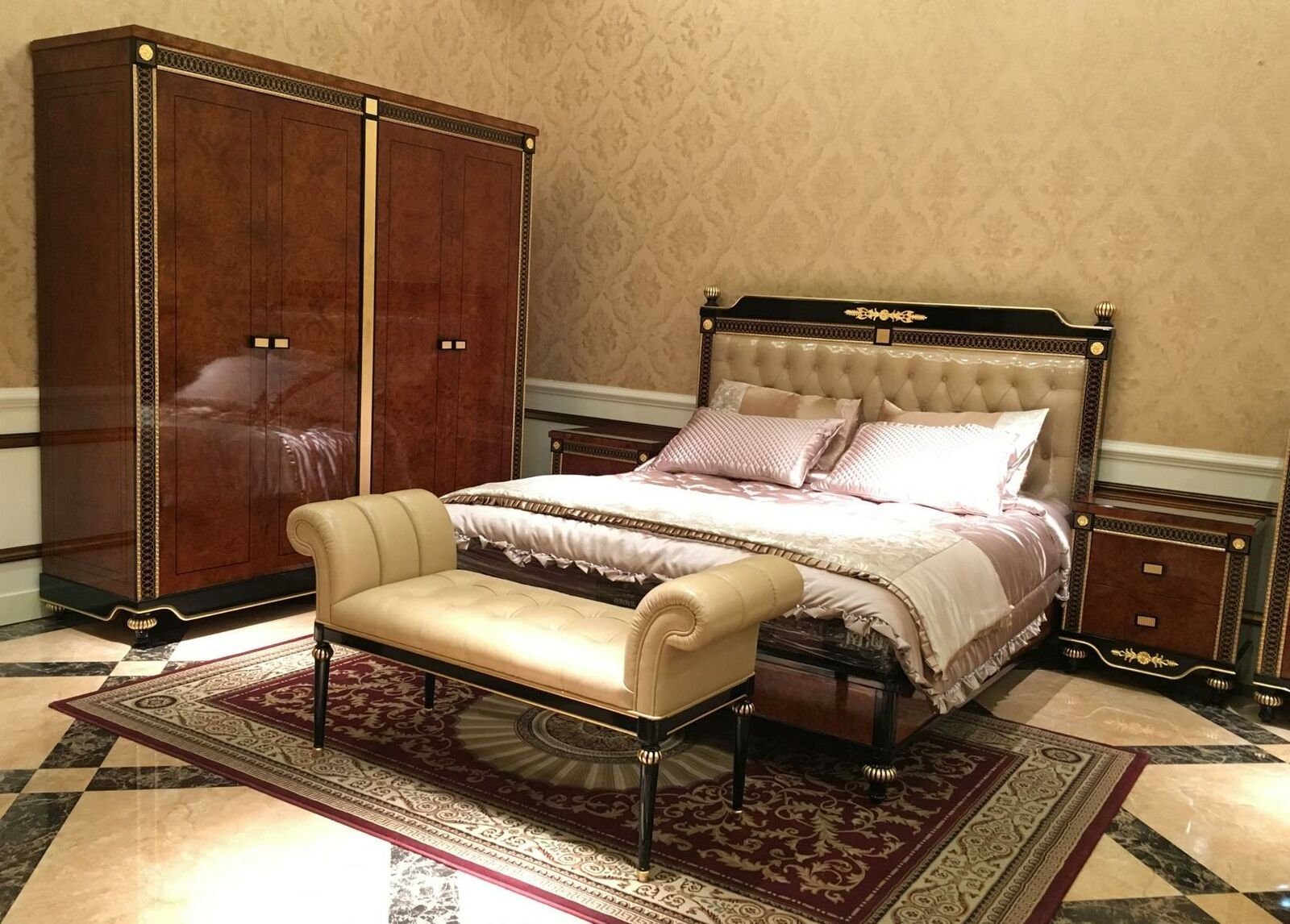 JVmoebel Bett, Schlafzimmer Set Bett + 2x Nachttisch + Bank + Kleiderschrank