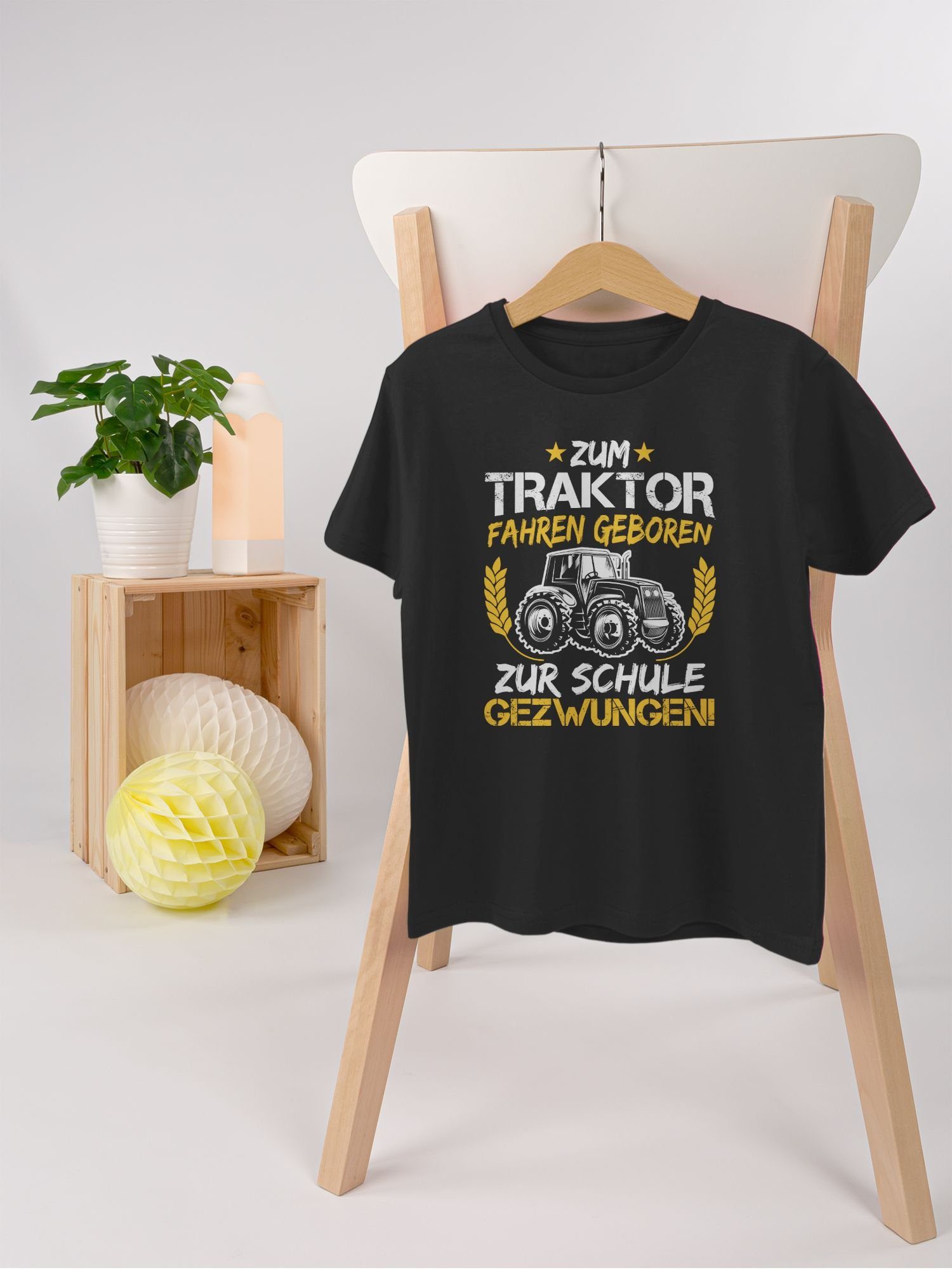 Schulanfang Traktor Einschulung Junge 1 Orange/Weiß gezwungen Zum zur Shirtracer Geschenke fahren geboren Schule Schwarz T-Shirt