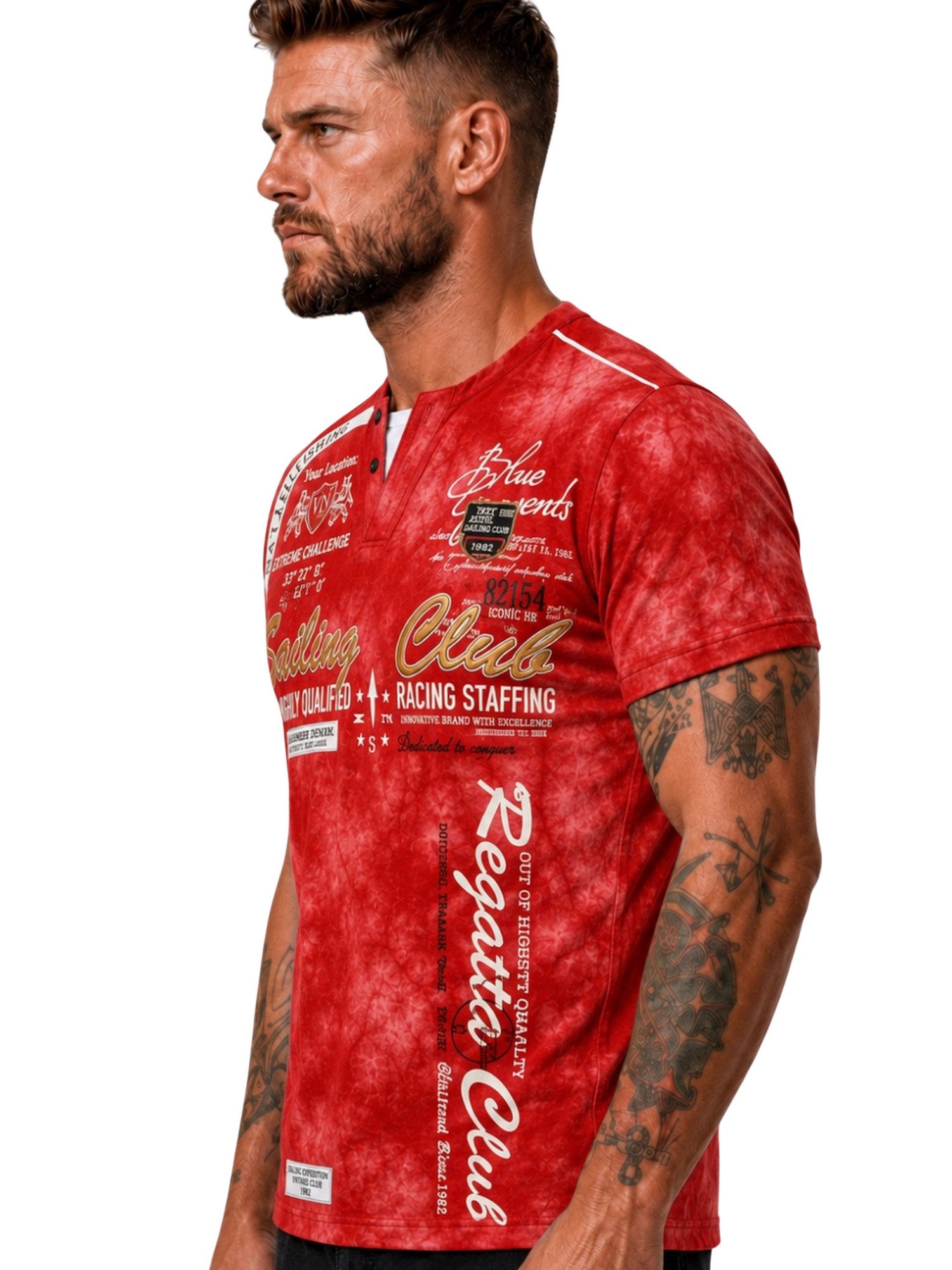 L.gonline Kurzarmshirt Herren T-Shirt, Sommershirt, Batik Optik, 2879 Rot 3XL (Shirt Kurzarmshirt Tee, 1-tlg) Fitness Freizeit Casual