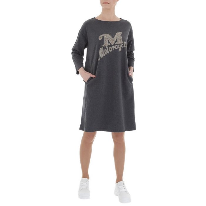 Ital-Design Shirtkleid Damen Freizeit Nieten Textprint Stretch Stretchkleid in Grau