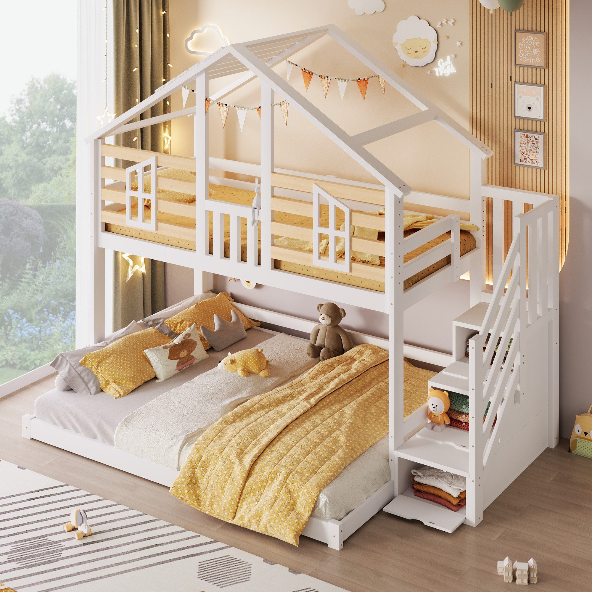 Merax Etagenbett 90x200/140x200cm im Hausdesign (Jugendbett Doppelbett, 1-St), Massivholz Stockbett Kinderbett mit Stauraumtreppe Fenster Dach Zaun
